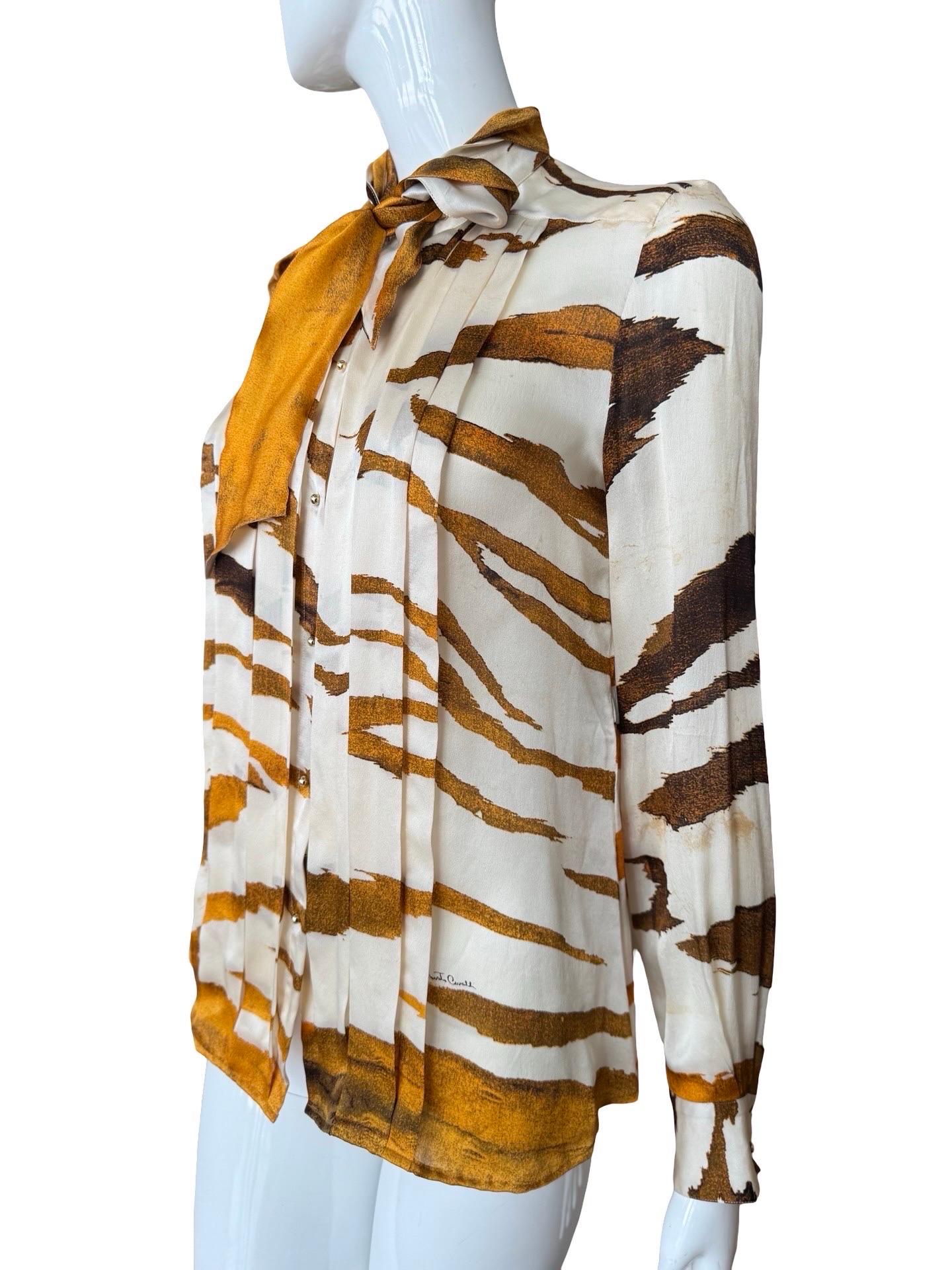 Beige Roberto Cavalli Tiger Print Silk Blouse For Sale