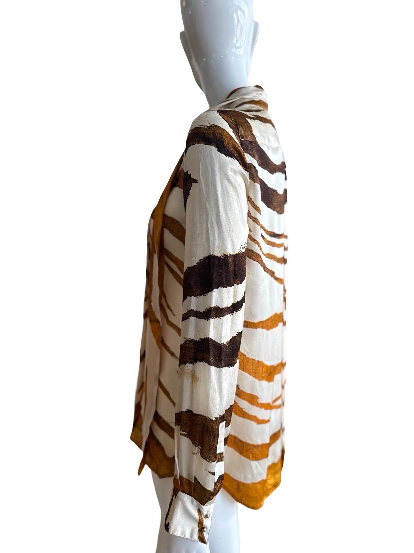 Roberto Cavalli Tiger Print Silk Blouse In Excellent Condition For Sale In Miami, FL
