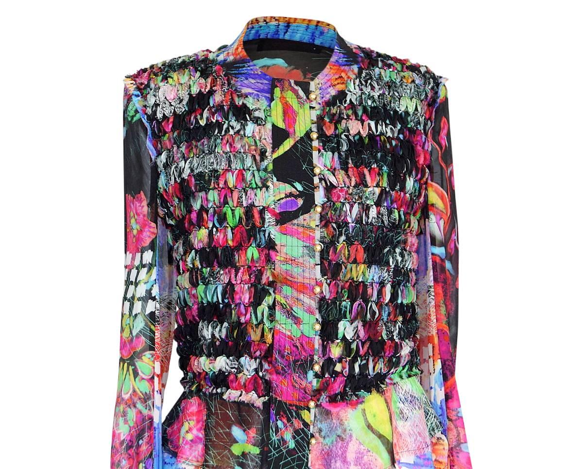 Women's Roberto Cavalli Top Blouse Intricate Ribbon Vivid Colors 44 / 10 fits 8 For Sale