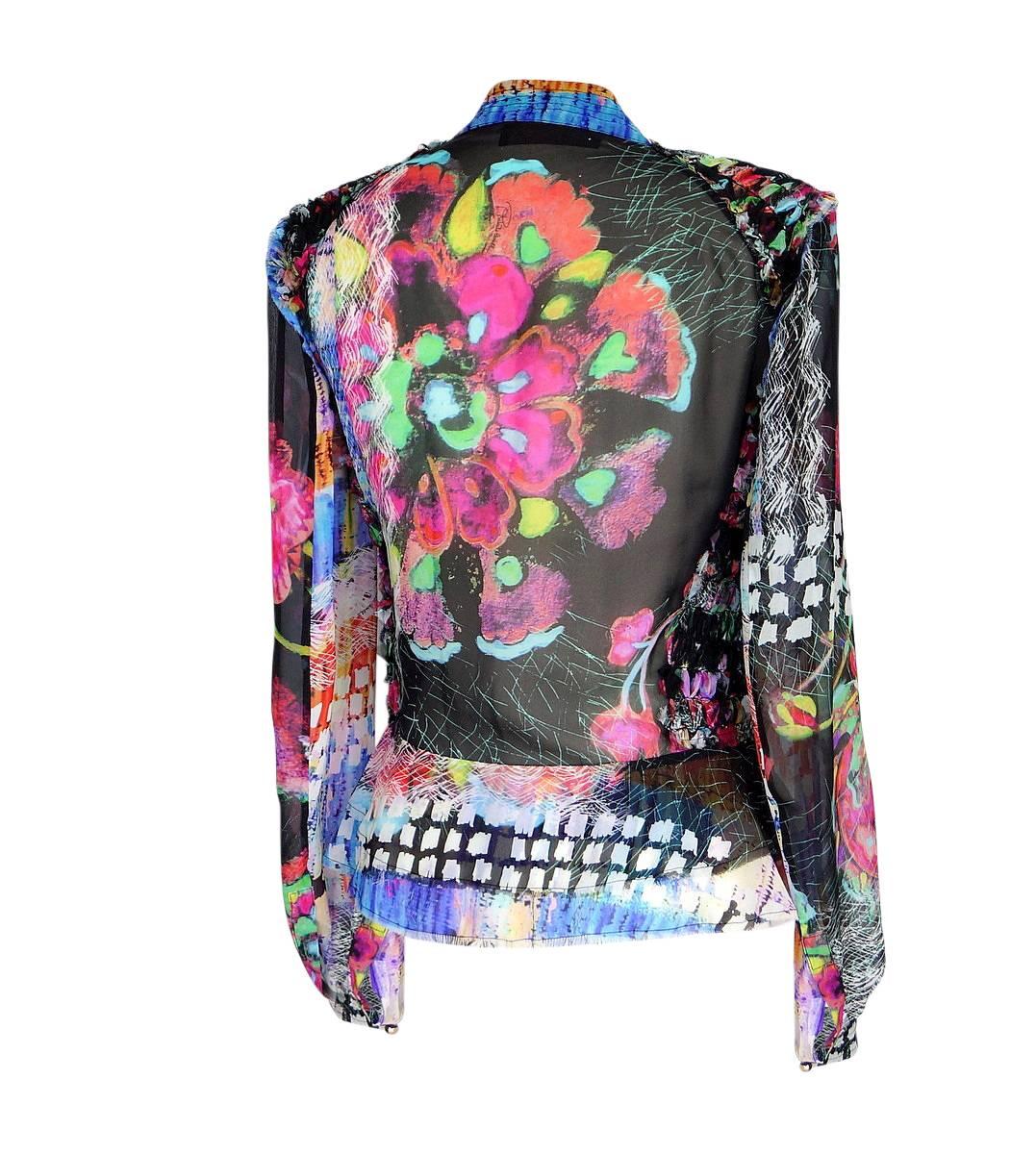 Roberto Cavalli Top Blouse Intricate Ribbon Vivid Colors 44 / 10 fits 8 For Sale 1