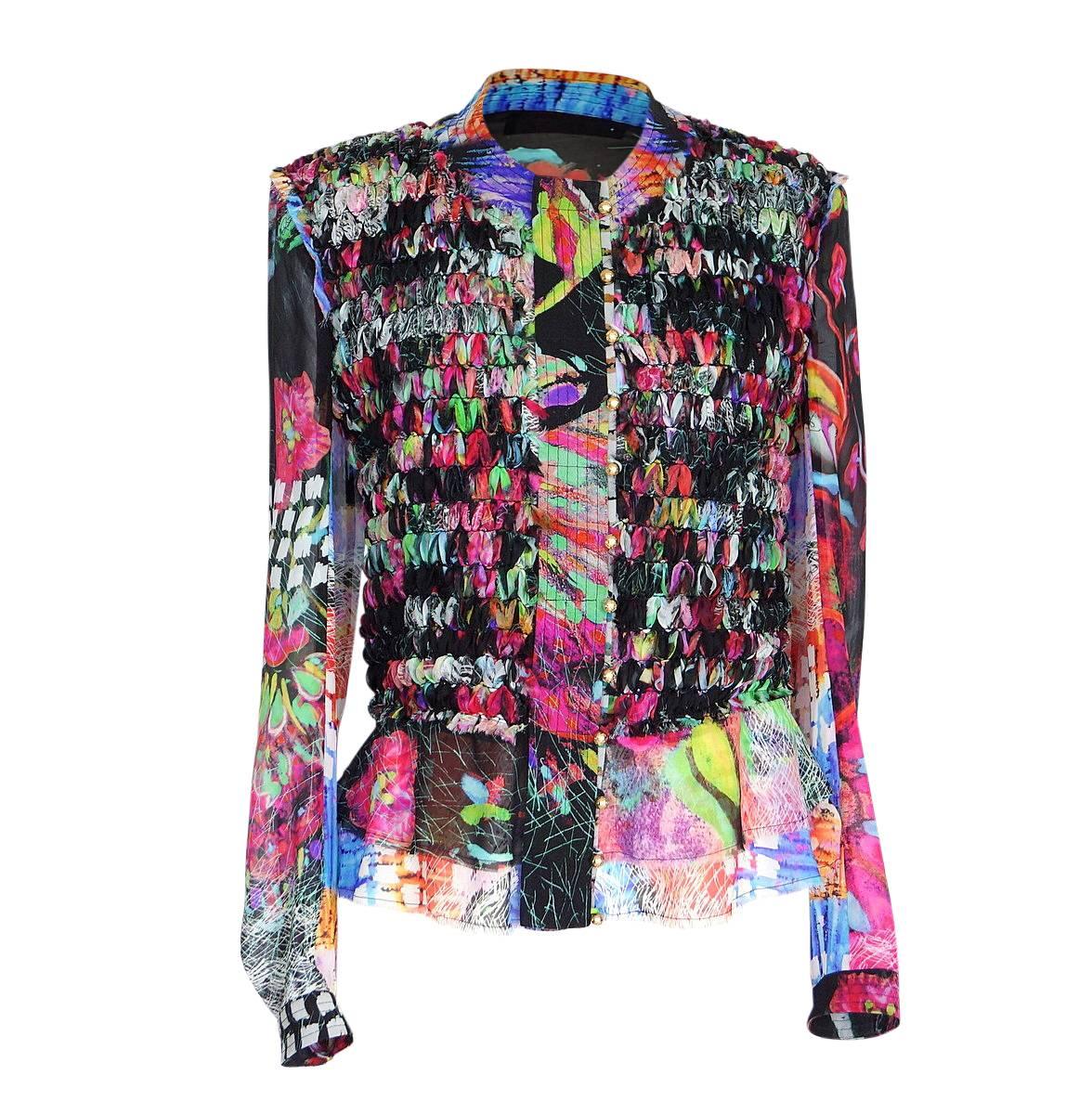 Roberto Cavalli Top Blouse Intricate Ribbon Vivid Colors 44 / 10 fits 8 For Sale 2