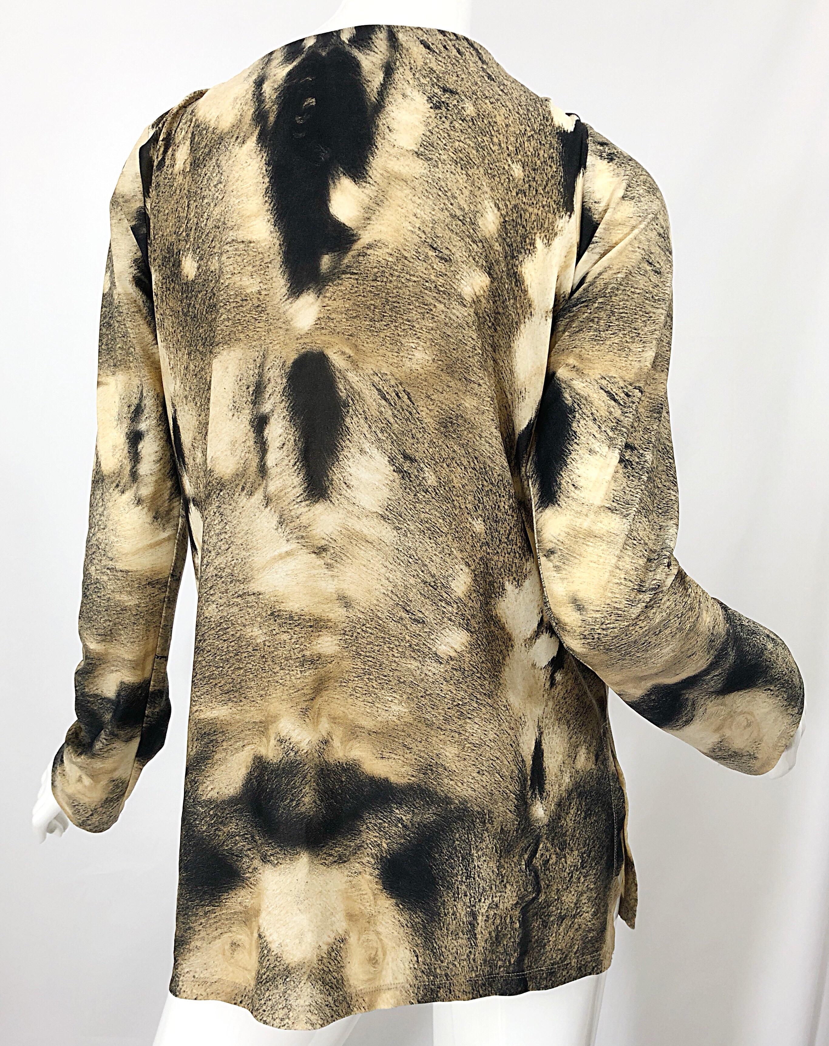 Roberto Cavalli Trompe L'Oeil Faux Fur Print Brown Beaded Jersey Tunic 90s Shirt For Sale 4