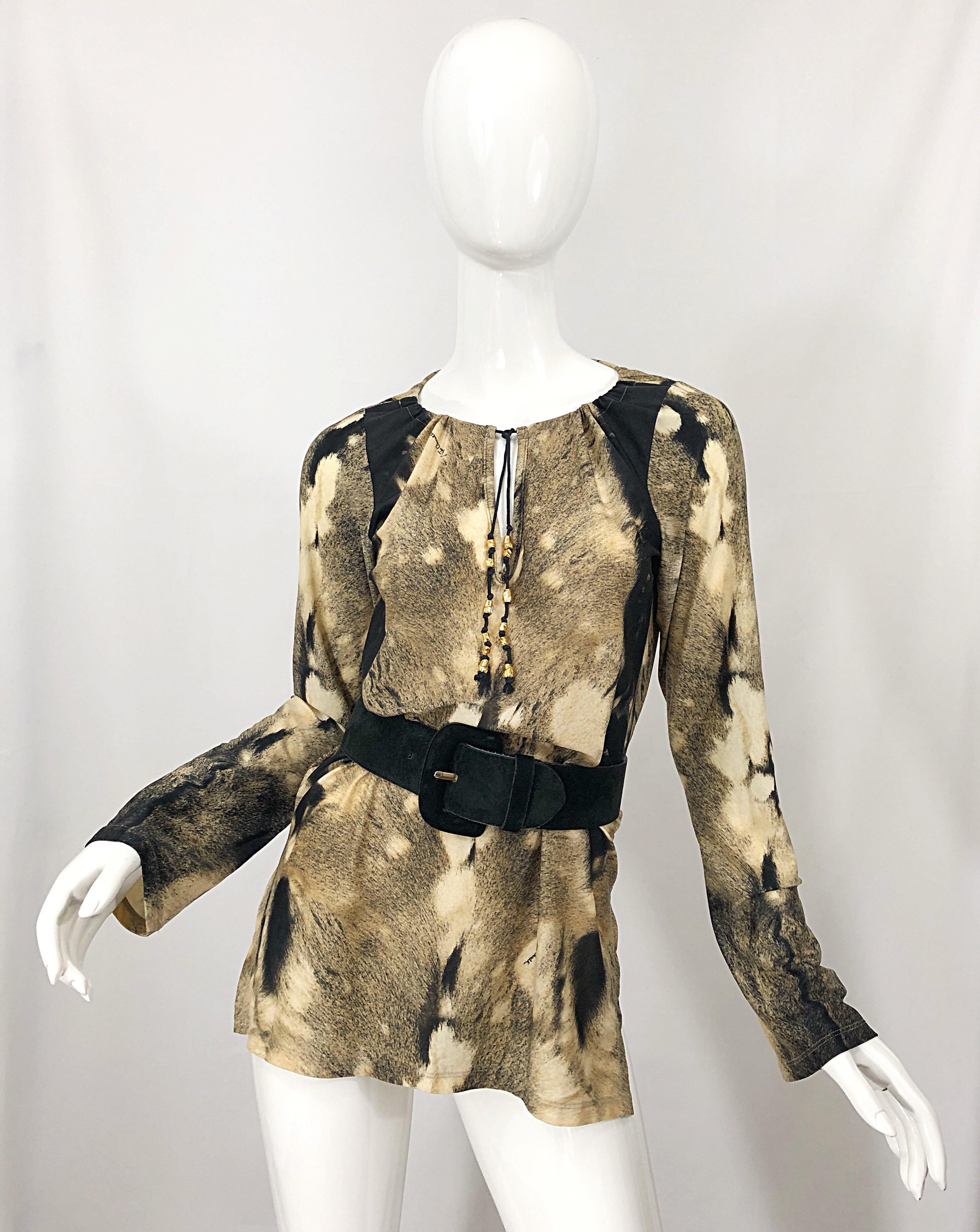 Roberto Cavalli Trompe L'Oeil Faux Fur Print Brown Beaded Jersey Tunic 90s Shirt For Sale 5