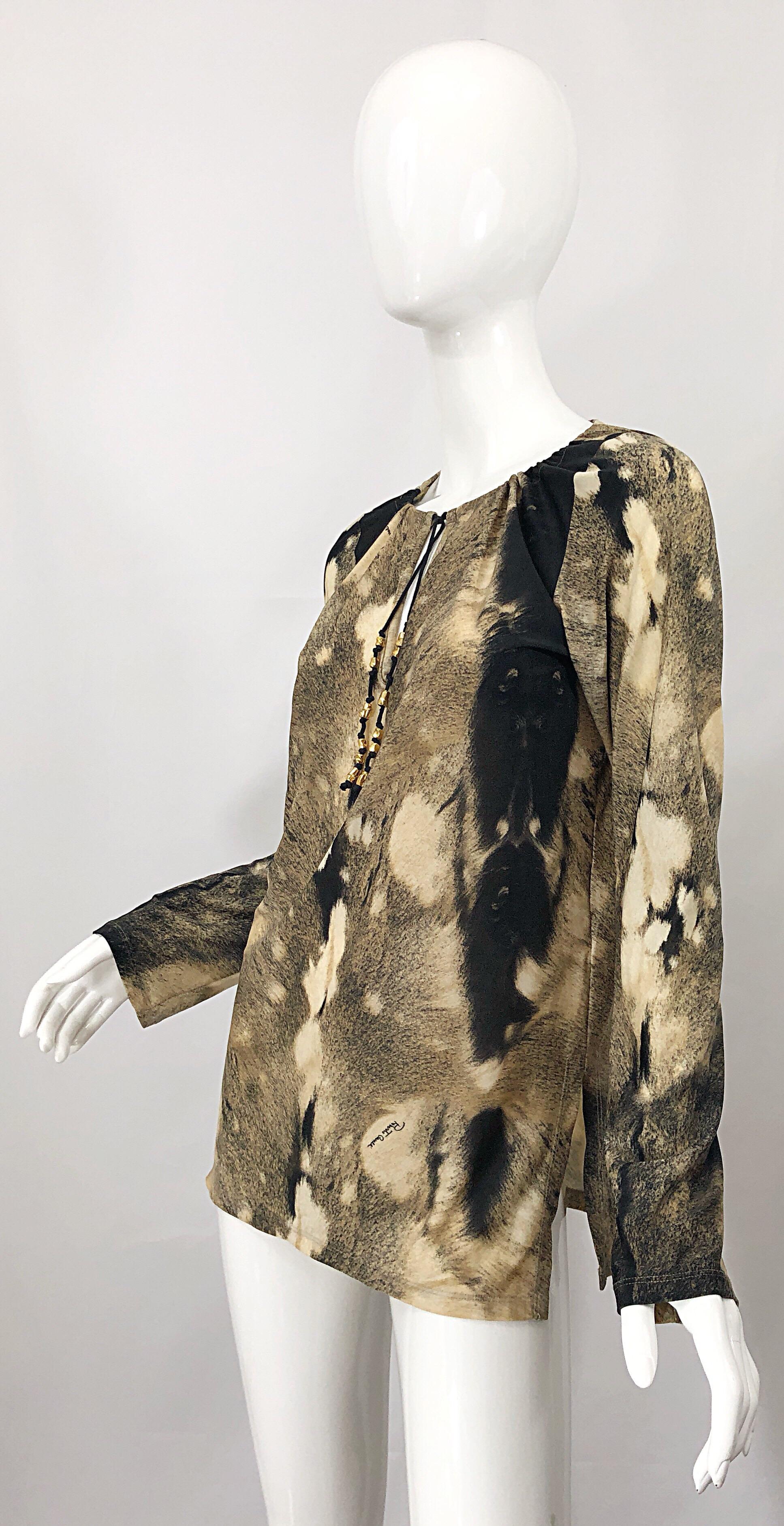 Roberto Cavalli Trompe L'Oeil Faux Fur Print Brown Beaded Jersey Tunic 90s Shirt In Excellent Condition For Sale In San Diego, CA