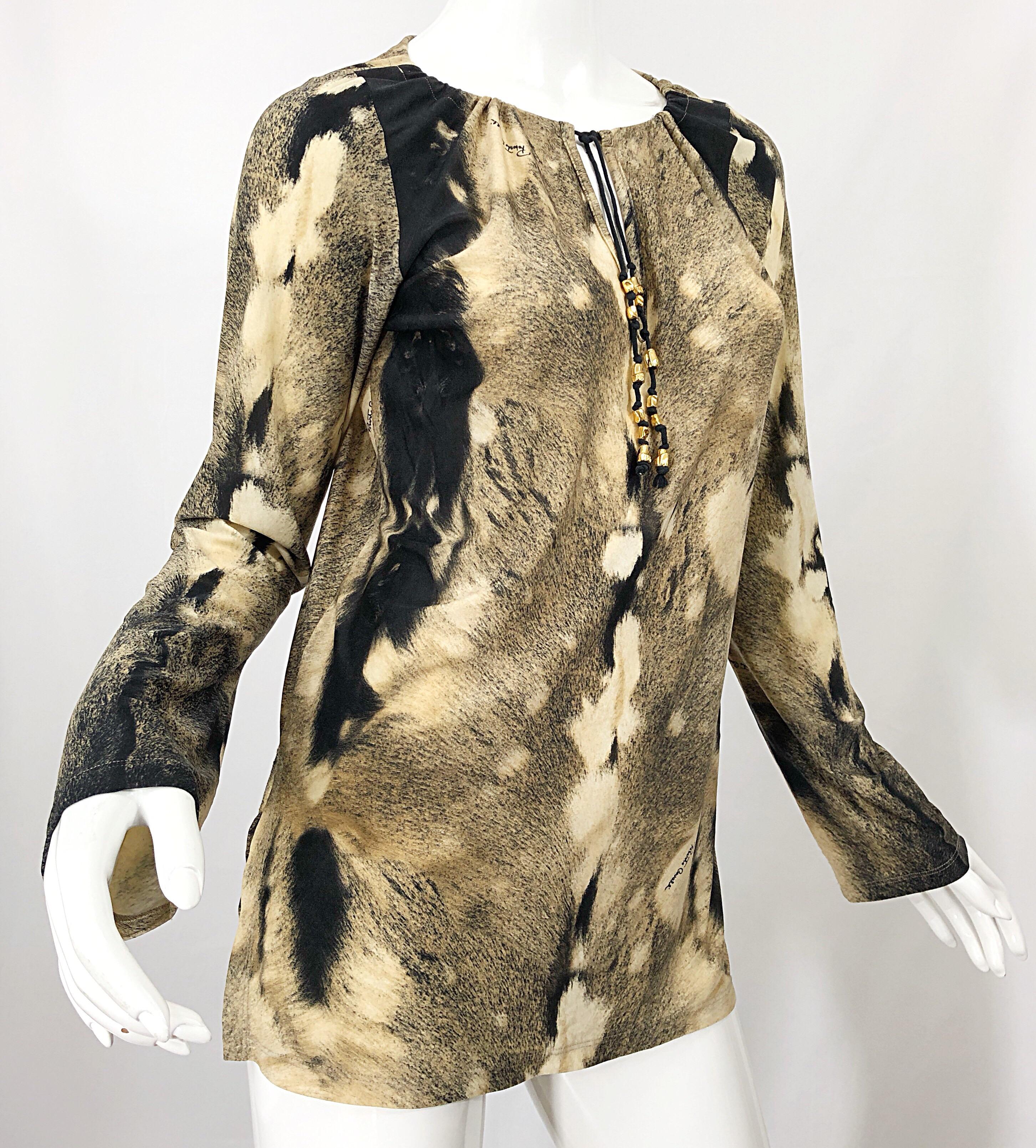 Women's Roberto Cavalli Trompe L'Oeil Faux Fur Print Brown Beaded Jersey Tunic 90s Shirt For Sale