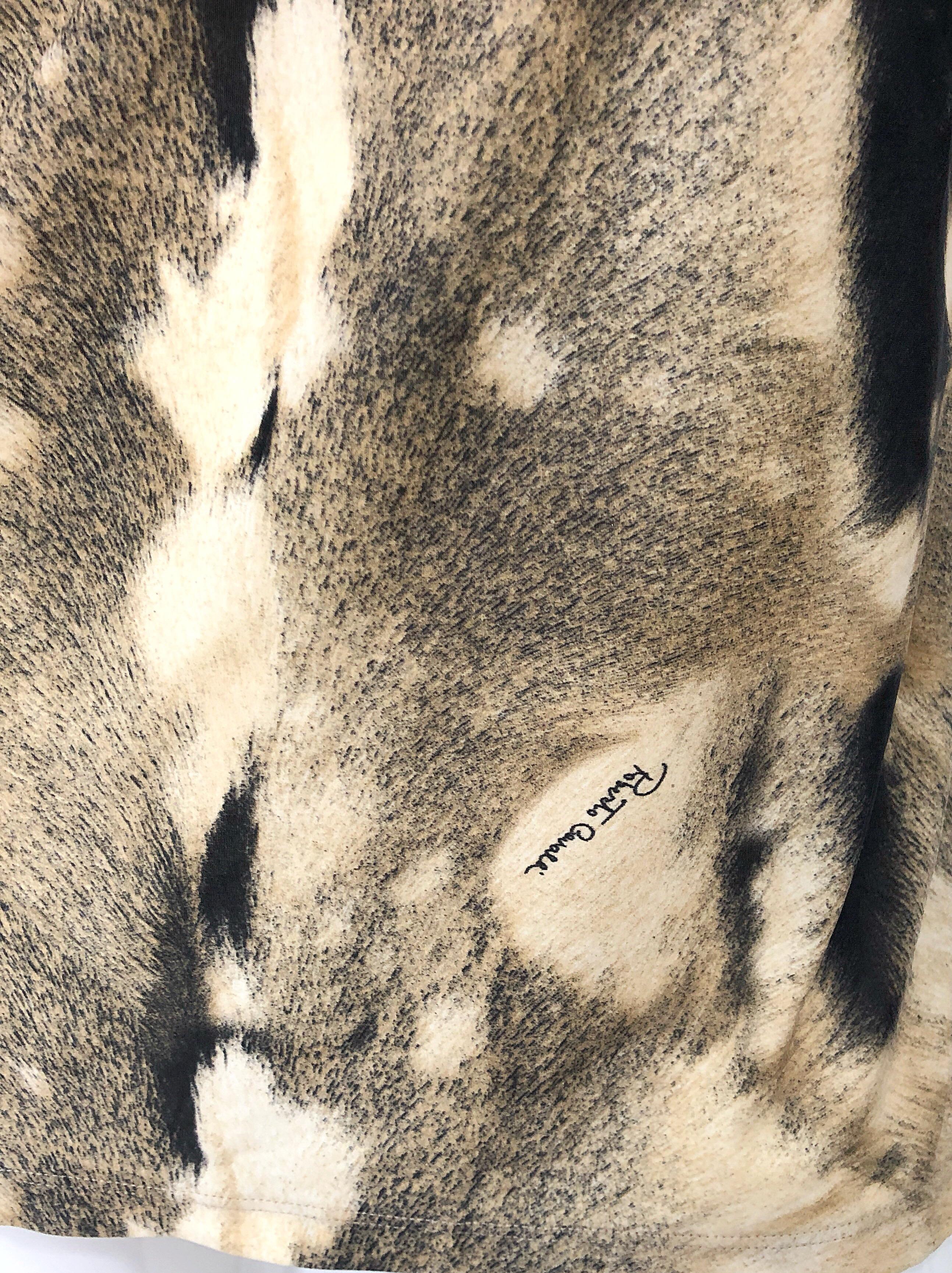 Roberto Cavalli Trompe L'Oeil Faux Fur Print Brown Beaded Jersey Tunic 90s Shirt For Sale 1
