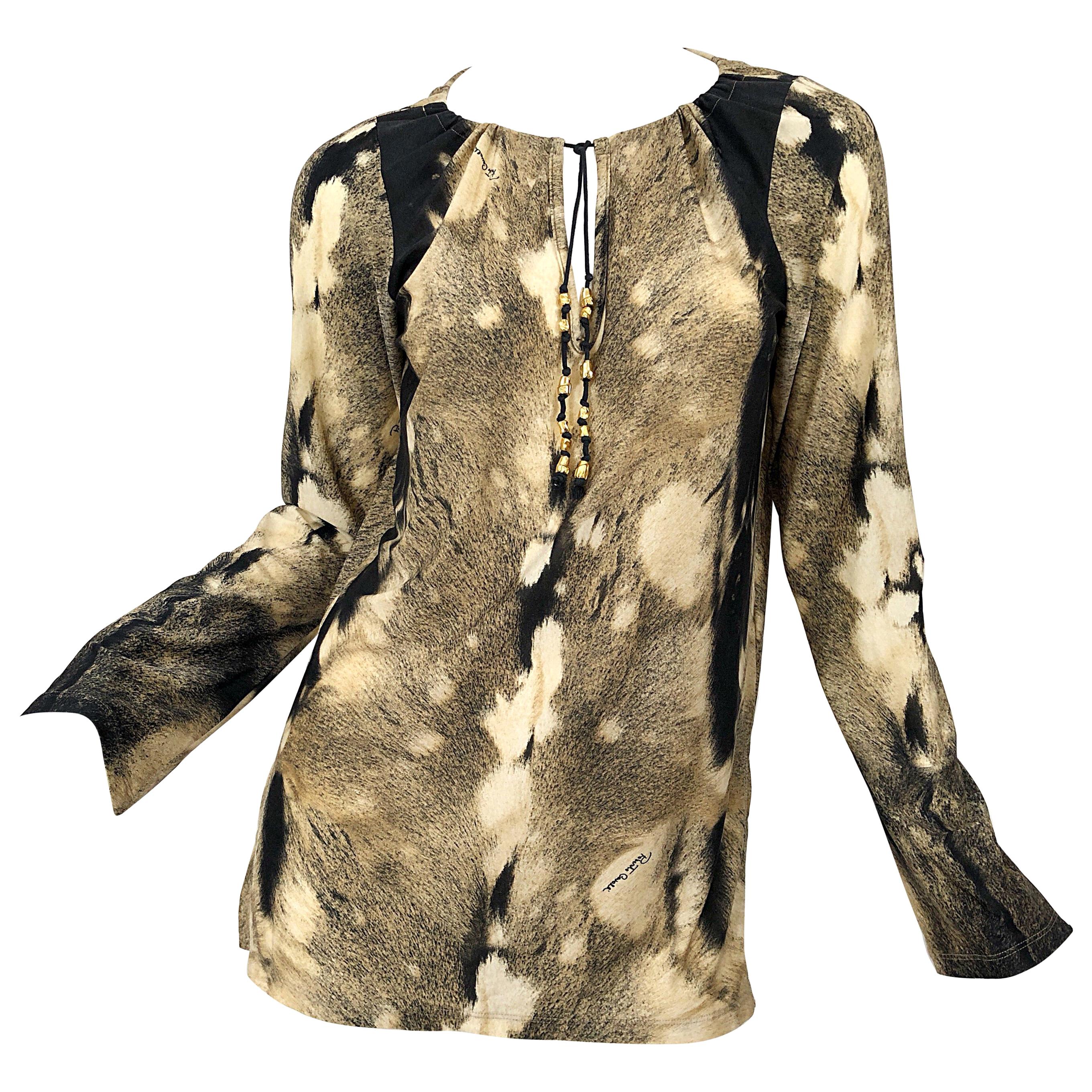 Roberto Cavalli Trompe L'Oeil Kunstpelz Druck Braun Perlen Jersey Tunika 90er Shirt im Angebot
