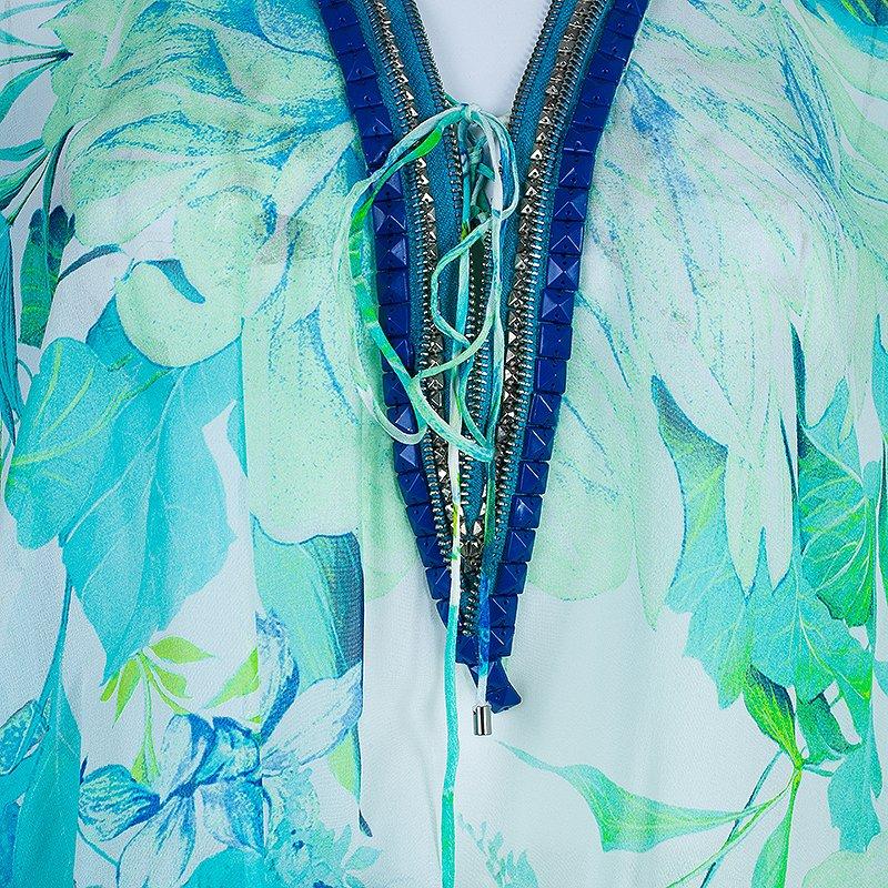 Blue Roberto Cavalli Tropical Print Embellished Kaftan Dress S