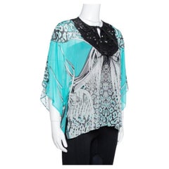 Roberto Cavalli Turquoise Blue Printed Silk Leather Trim Kaftan Top M