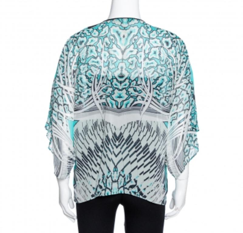Women's Roberto Cavalli Turquoise Blue Printed Silk Leather Trim Kaftan Top M For Sale