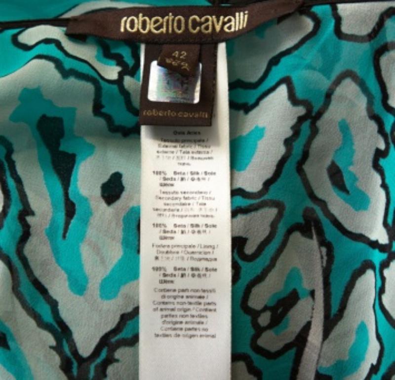 Roberto Cavalli Turquoise Blue Printed Silk Leather Trim Kaftan Top M For Sale 1