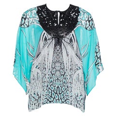 Roberto Cavalli Turquoise Blue Printed Silk Leather Trim Kaftan Top M