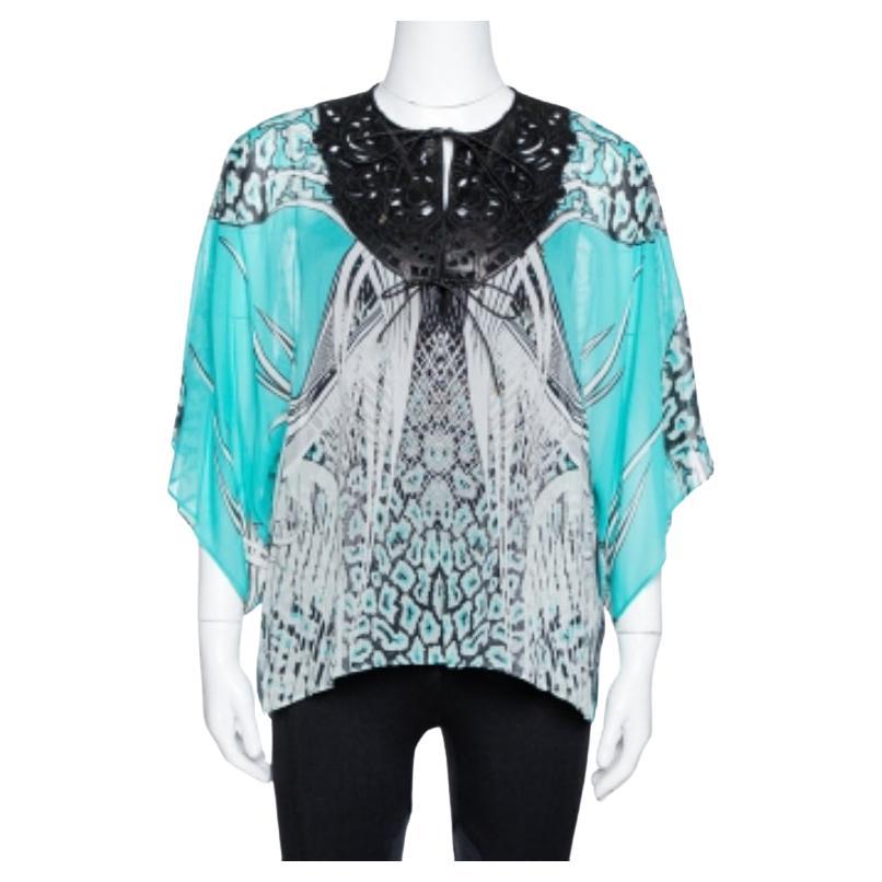 Roberto Cavalli Turquoise Blue Printed Silk Leather Trim Kaftan Top M For Sale