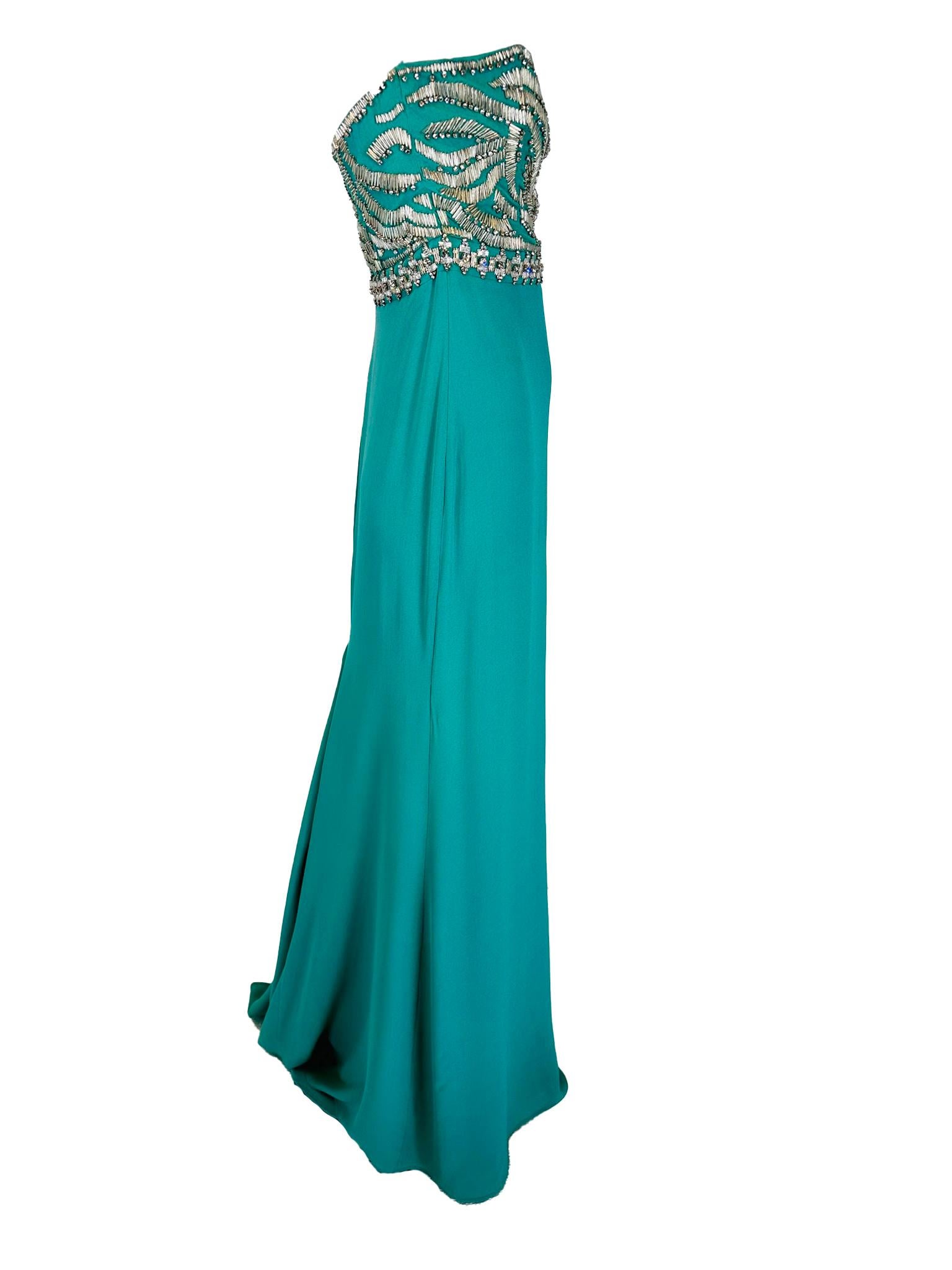 Roberto Cavalli Turquoise Silk Rhinestone Bodice Strapless Evening Gown  42 In Good Condition For Sale In West Palm Beach, FL