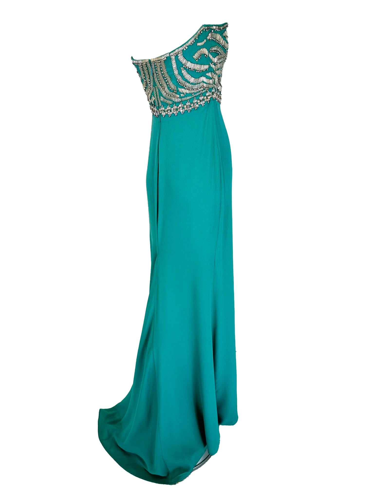 Roberto Cavalli Vestido de noche sin tirantes con corpiño de pedrería de seda turquesa  42 en Bueno estado para la venta en West Palm Beach, FL