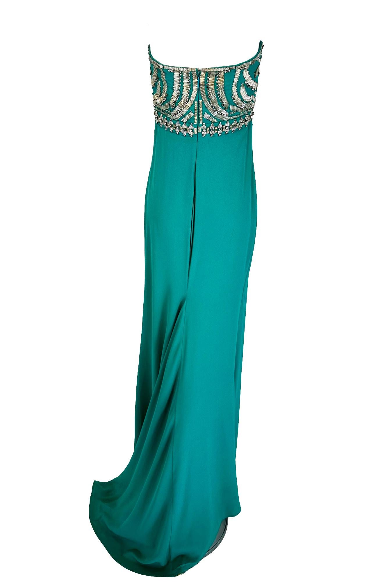 Roberto Cavalli Turquoise Silk Rhinestone Bodice Strapless Evening Gown  42 For Sale 2