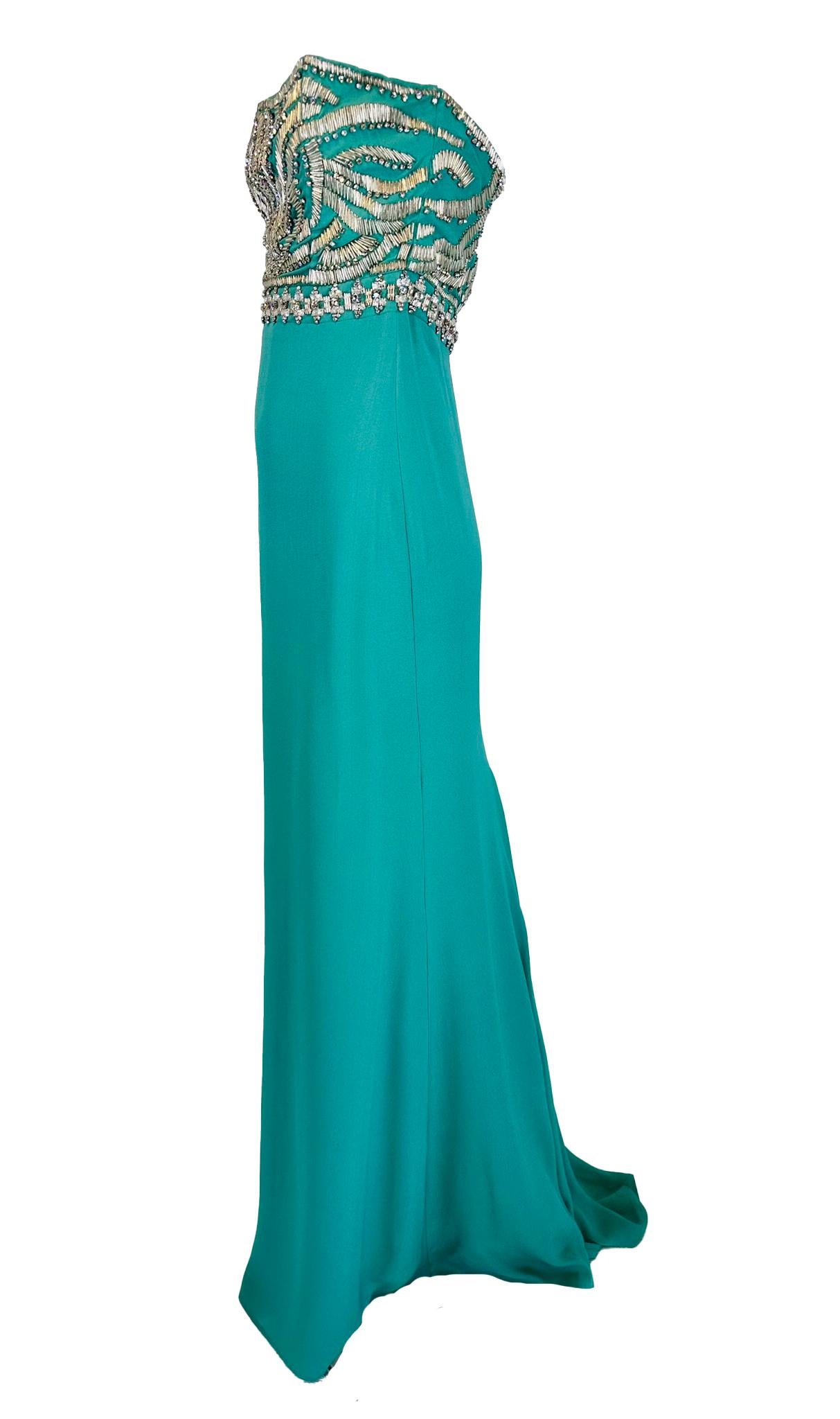 Roberto Cavalli Turquoise Silk Rhinestone Bodice Strapless Evening Gown  42 For Sale 4