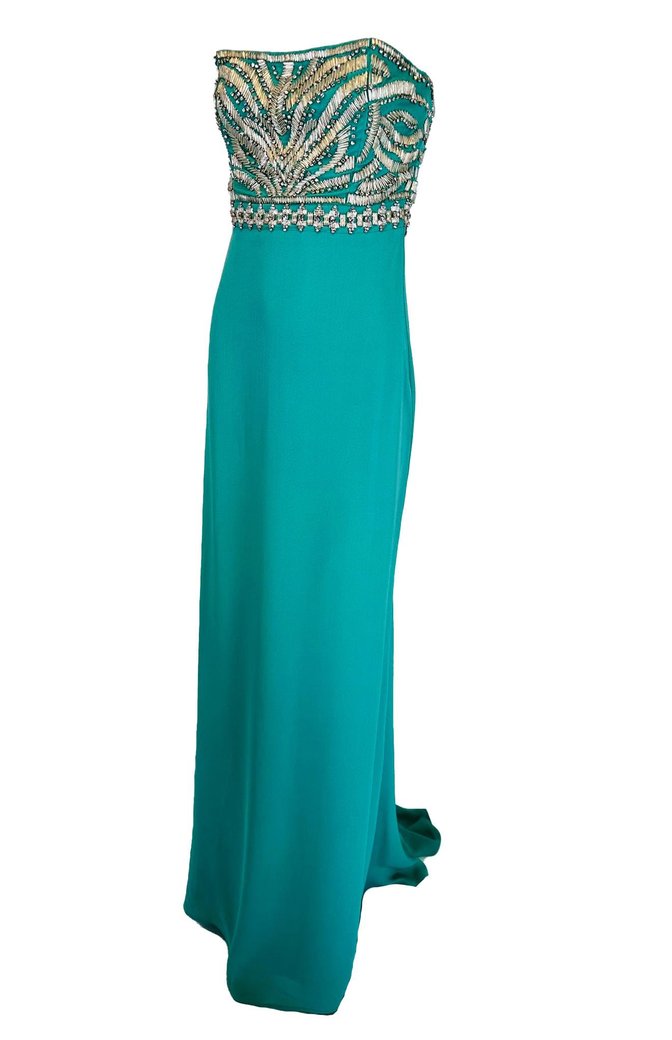 Roberto Cavalli Turquoise Silk Rhinestone Bodice Strapless Evening Gown  42 For Sale 5