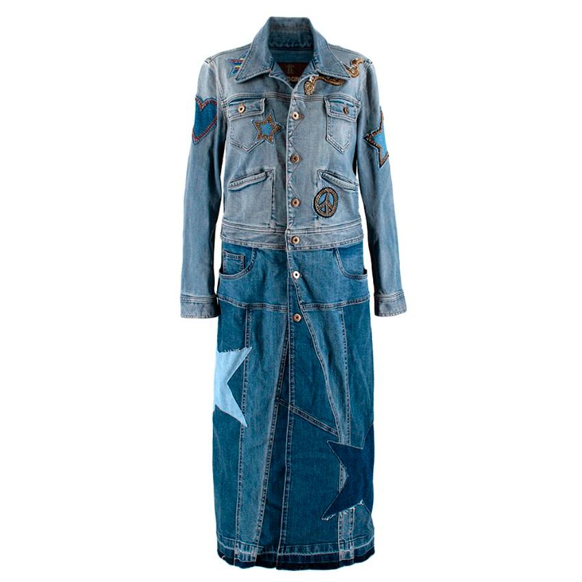 Roberto Cavalli Two-tone Patchwork Denim Embellished Longline Coat

- Roberto Cavalli Spring '17 collection

- Crafted from two-tone denim

 -This coat has a narrow slim fit and is embellished with crystals and patchwork motifs

- Seen being sold on