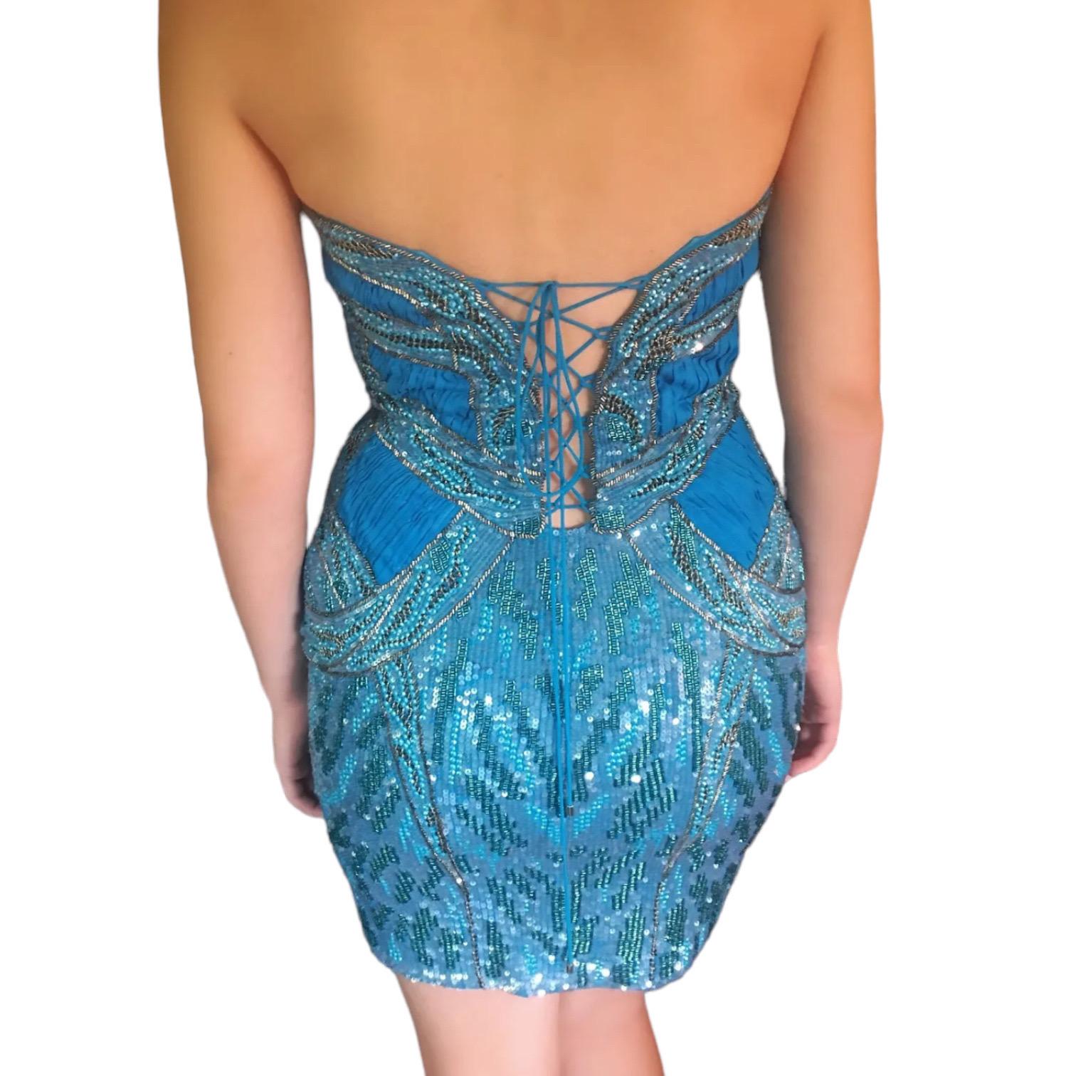 Roberto Cavalli Unworn c. 2012 Embelished Corset Lace Up Blue Mini Dress In New Condition For Sale In Naples, FL