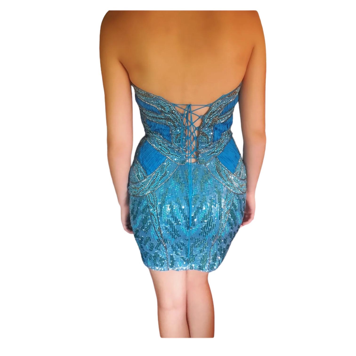 Roberto Cavalli Unworn c. 2012 Embelished Corset Lace Up Blue Mini Dress For Sale 2