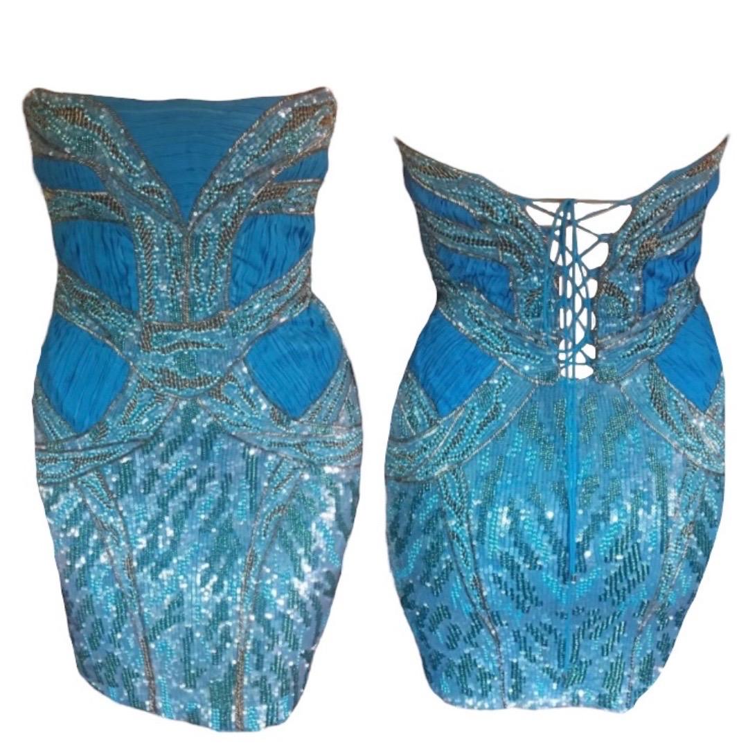 Roberto Cavalli Unworn c. 2012 Embelished Corset Lace Up Blue Mini Dress For Sale