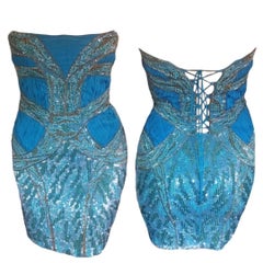 Roberto Cavalli Unworn c. 2012 Corset Lace Up Blue Mini Dress