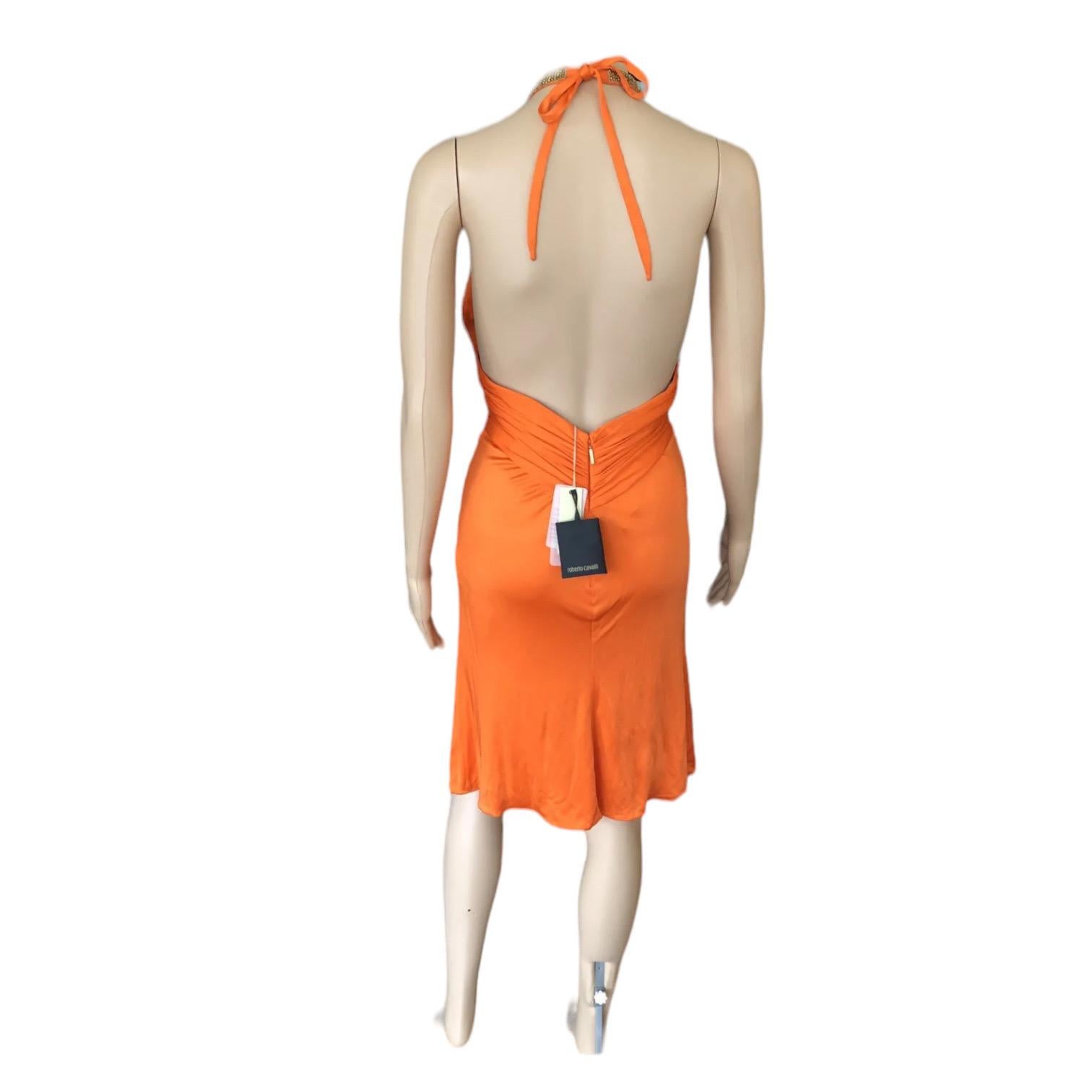 Orange Roberto Cavalli Unworn S/S 2005 Plunging Embellished Neckline Open Back Dress For Sale