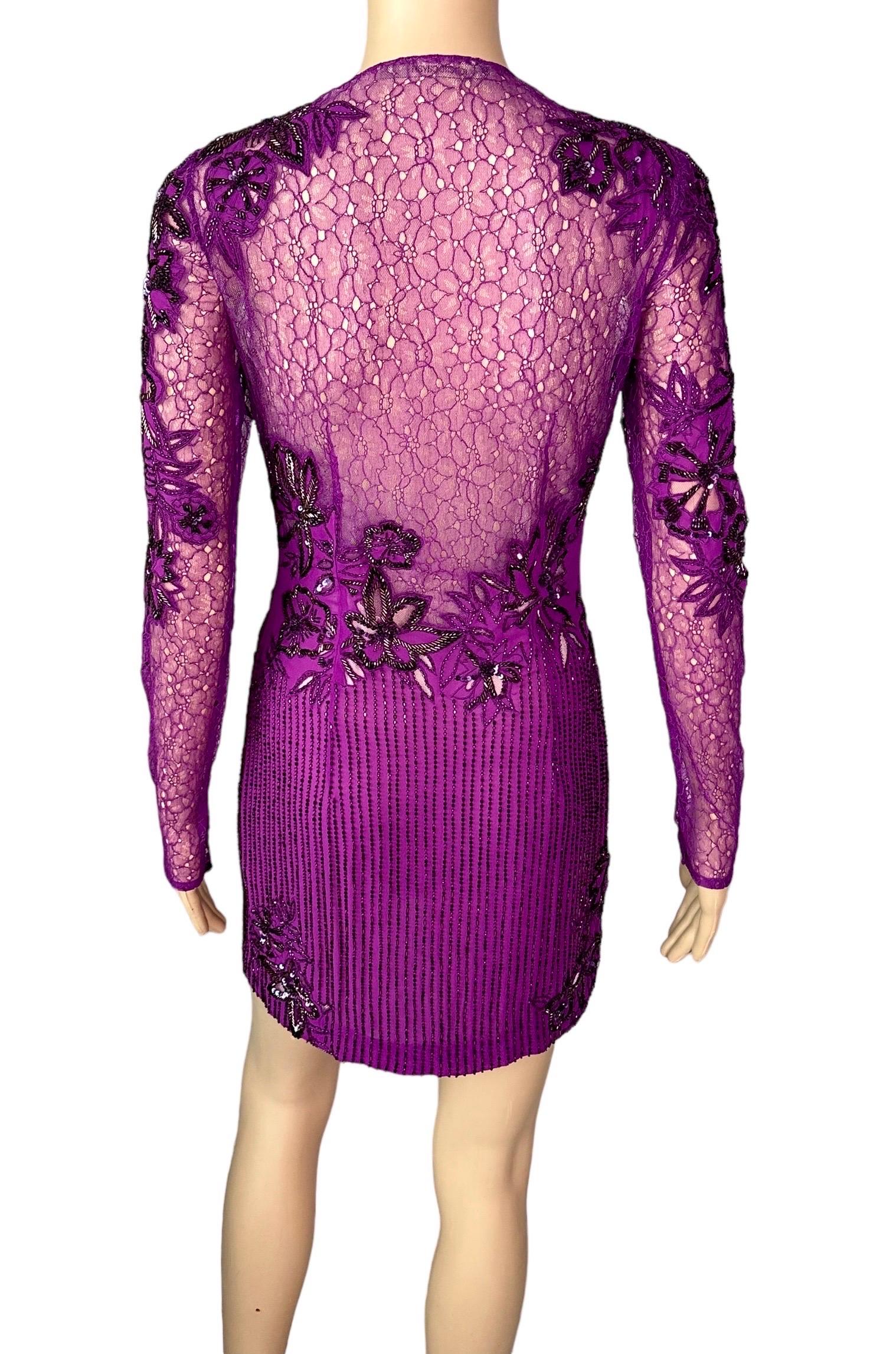 Purple Roberto Cavalli Unworn S/S 2016 Embellished Sheer Lace Mesh Mini Dress For Sale
