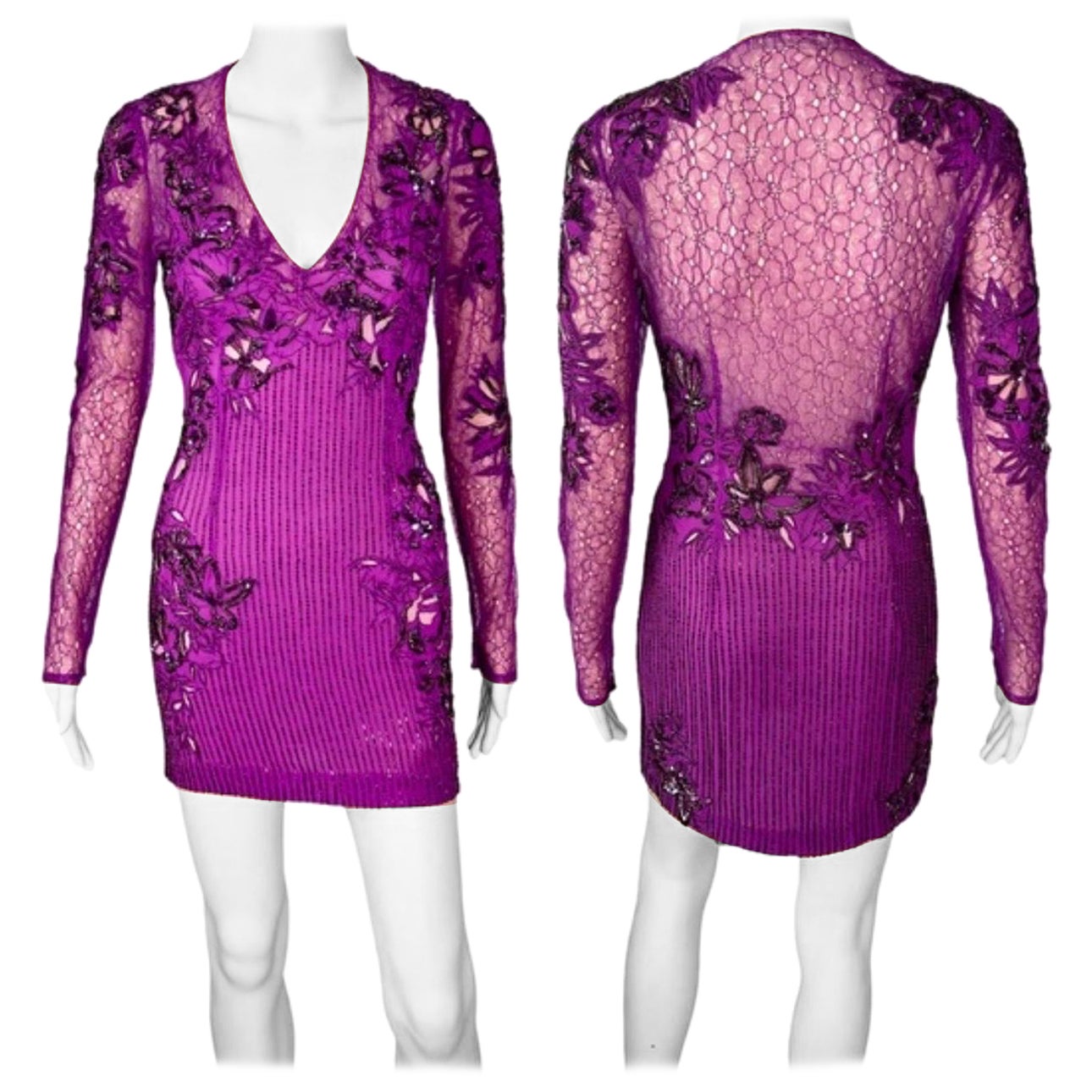 Roberto Cavalli, mini-robe en maille de dentelle transparente embellie, non portée, P/E 2016