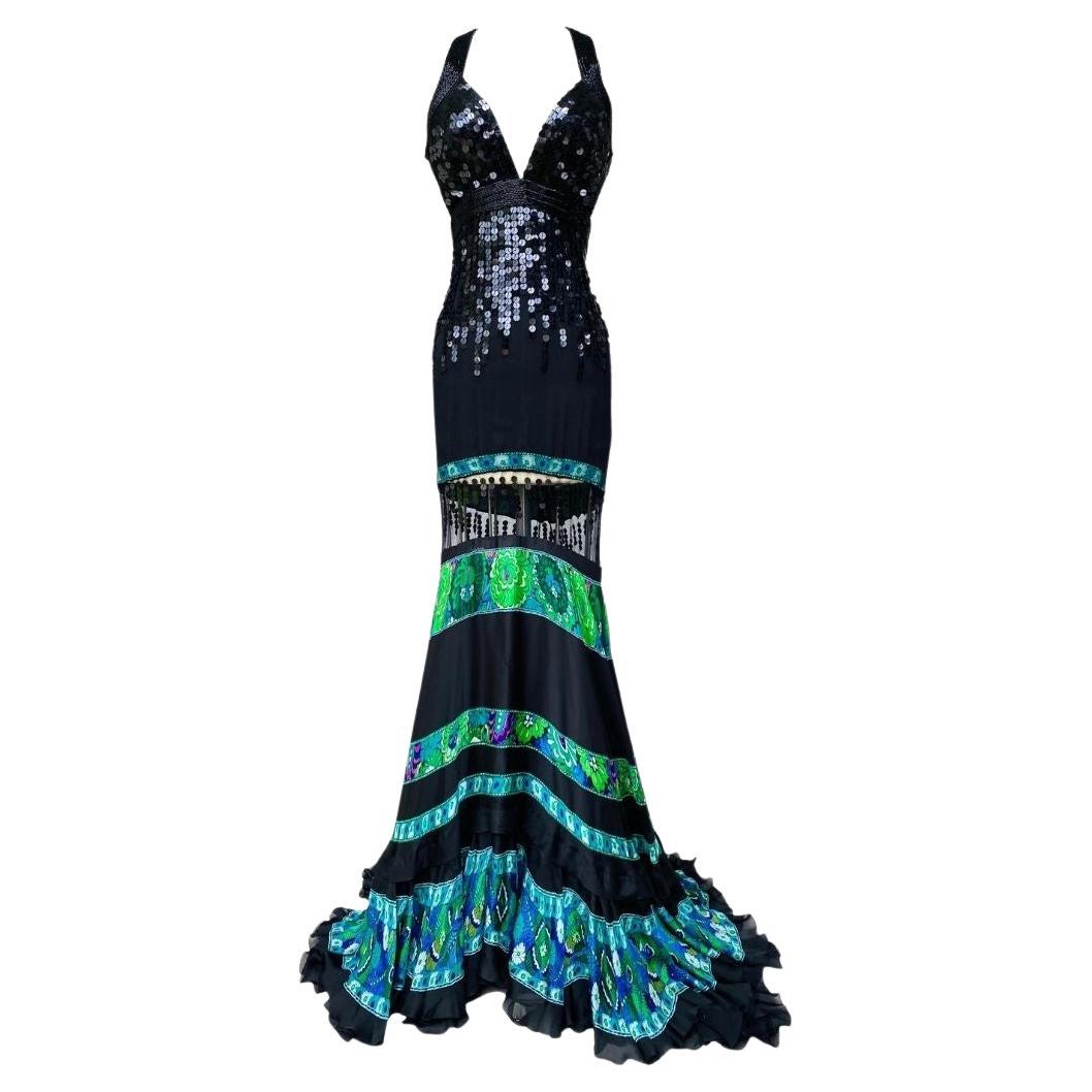Roberto Cavalli Vibrant Black Sequin & Beaded Evening Gown F/W 2008 Size 42IT For Sale