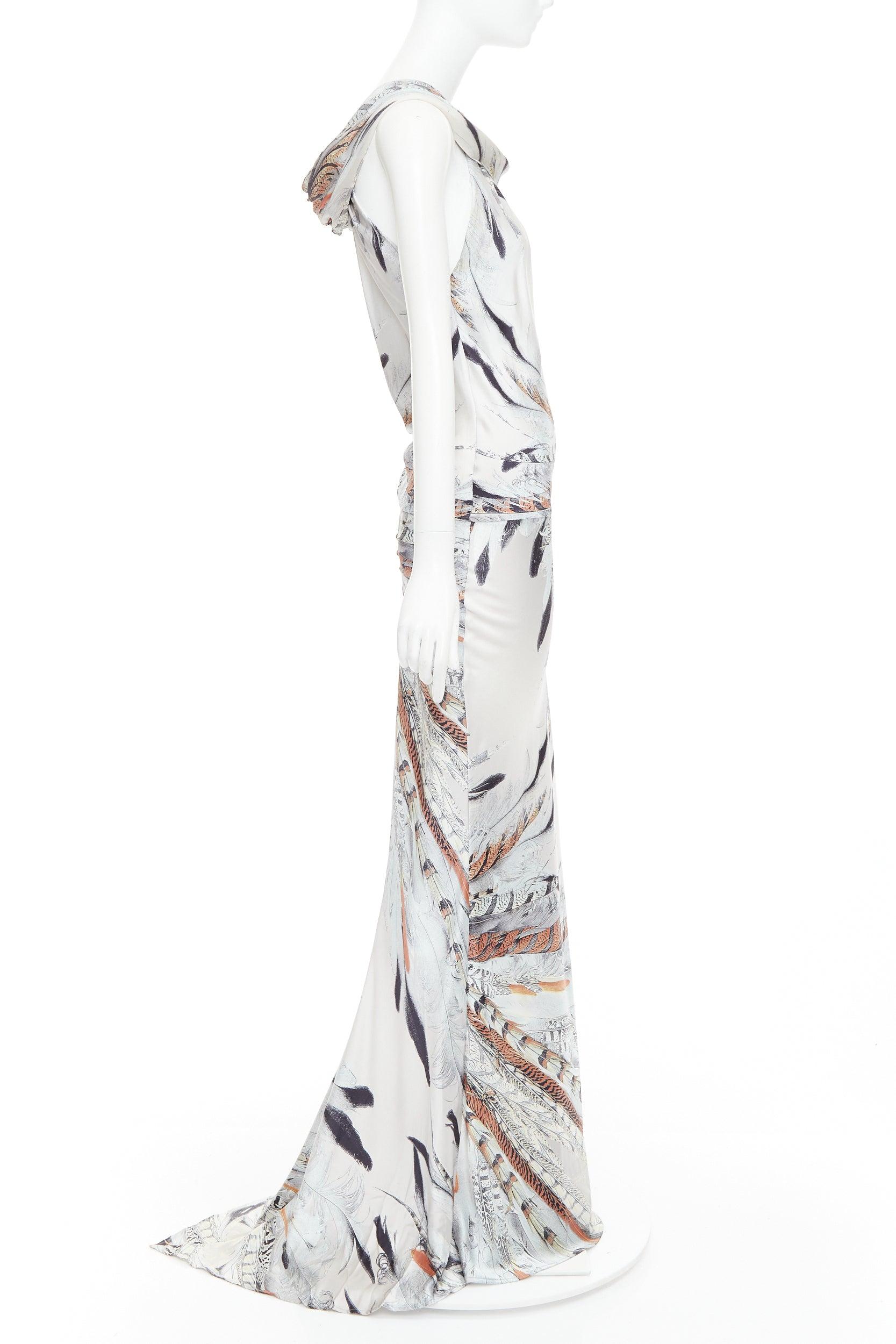 ROBERTO CAVALLI Vintage 100% Seide stahlgrau Federdruck Drapierung Kleid Kleid XS im Zustand „Hervorragend“ im Angebot in Hong Kong, NT