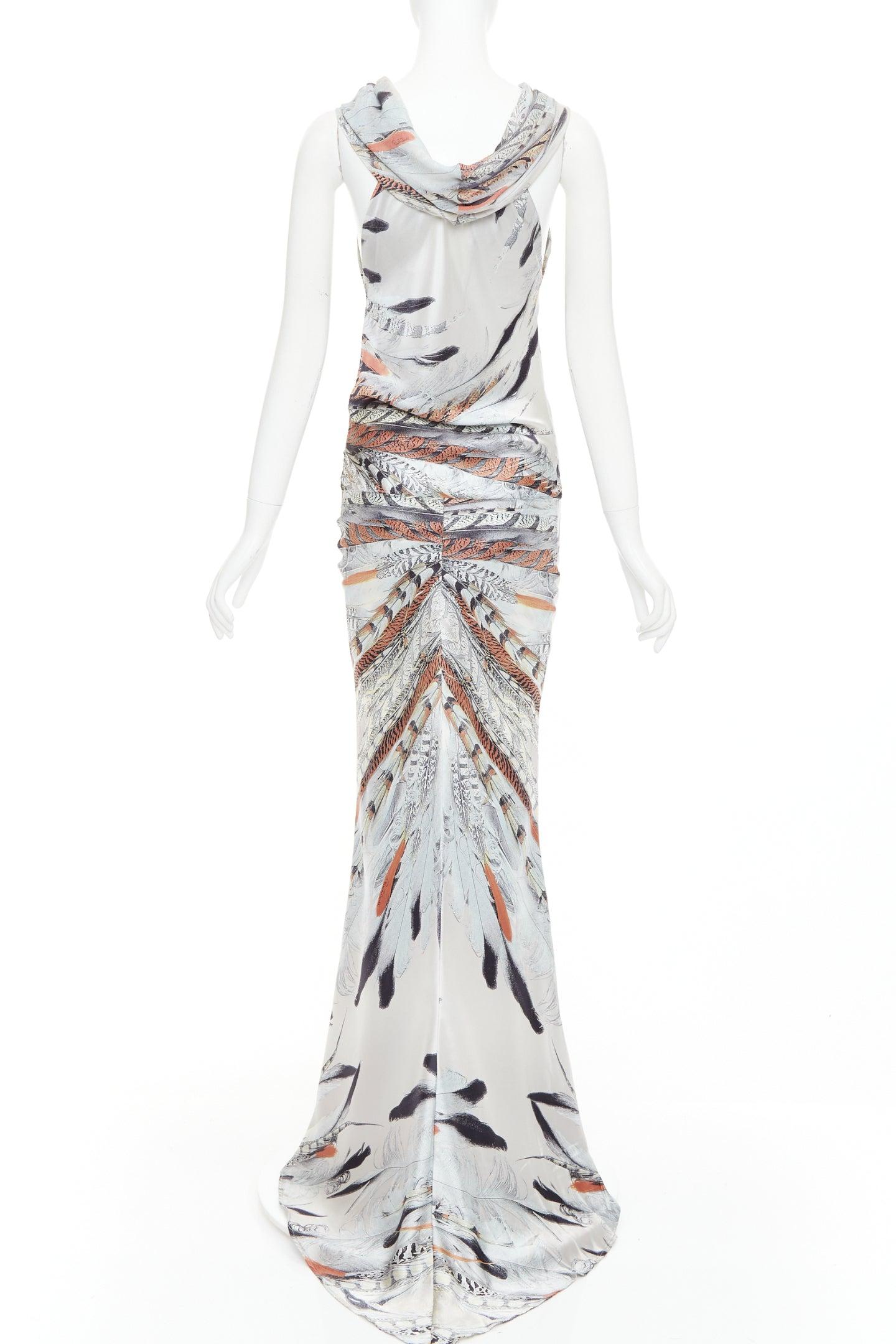 ROBERTO CAVALLI Vintage 100% Seide stahlgrau Federdruck Drapierung Kleid Kleid XS Damen im Angebot