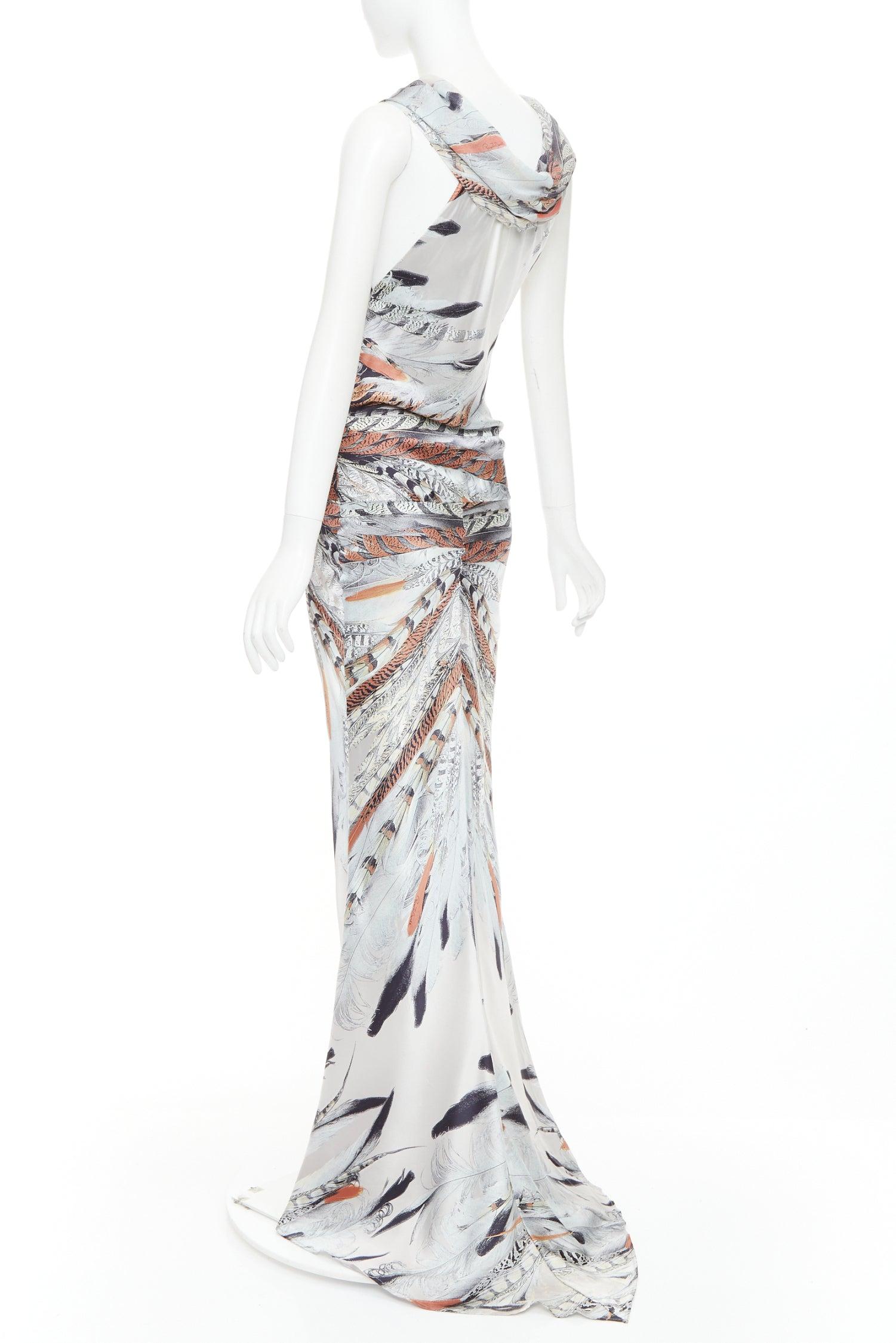 ROBERTO CAVALLI Vintage 100% Seide stahlgrau Federdruck Drapierung Kleid Kleid XS im Angebot 1