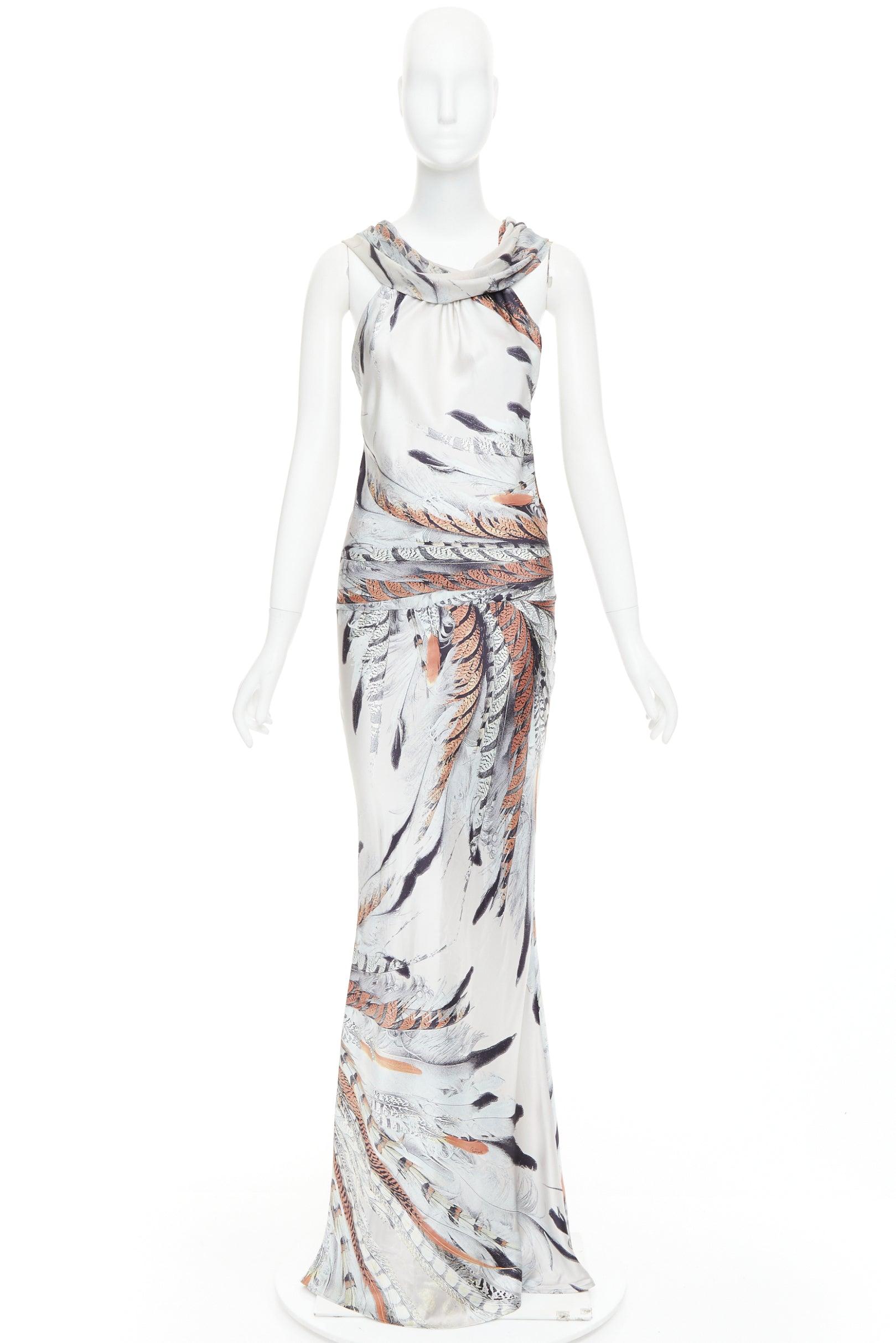 ROBERTO CAVALLI Vintage 100% Seide stahlgrau Federdruck Drapierung Kleid Kleid XS im Angebot 4