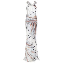 ROBERTO CAVALLI Abito vintage in 100% seta grigio acciaio con stampa di piume XS