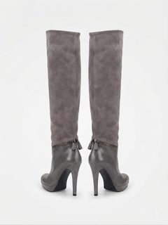 Bottes Sergio Rossi Vintage des années 2000, en daim gris et cuir imprimé, à semelle compensée, montant jusqu'aux genoux