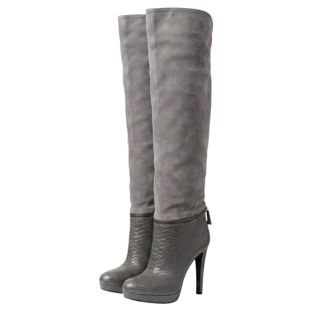 Sergio Rossi Vintage 2000s Grey Suede Printed Leather Platform Knee Boots
