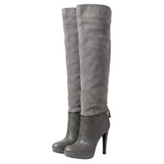 Bottes Sergio Rossi Vintage des années 2000, en daim gris et cuir imprimé, à semelle compensée, montant jusqu'aux genoux