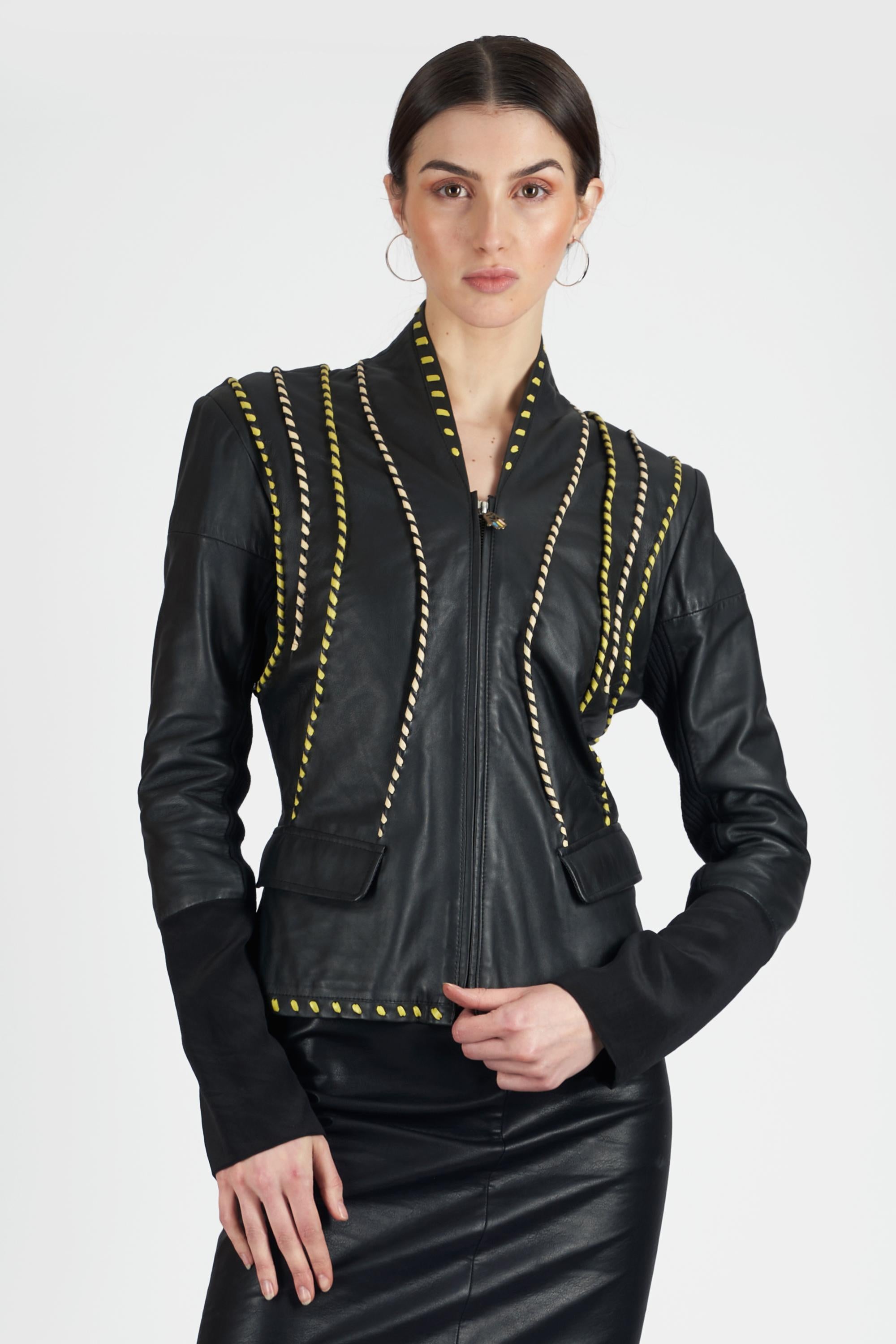 Black Roberto Cavalli Vintage 2000’s Leather Jacket With Yellow Piping For Sale