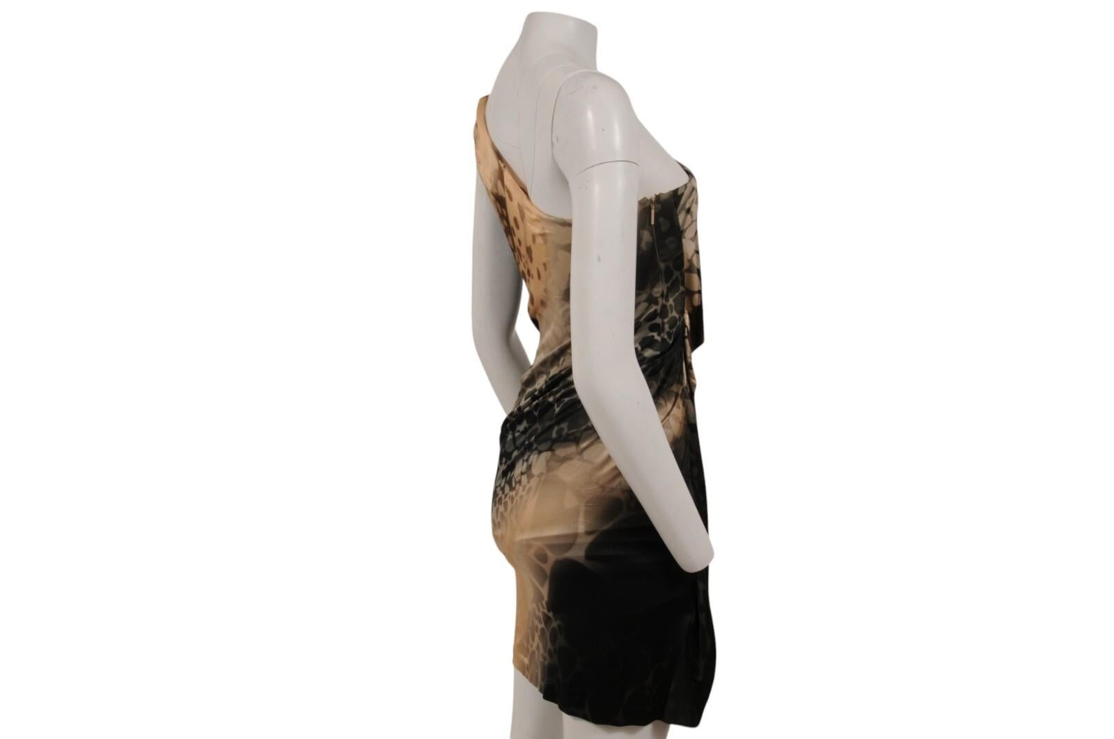 Roberto Cavalli Vintage 2000s Minikleid IT 42 Schulter Gepardenschlange Schwarz Tan im Angebot 2