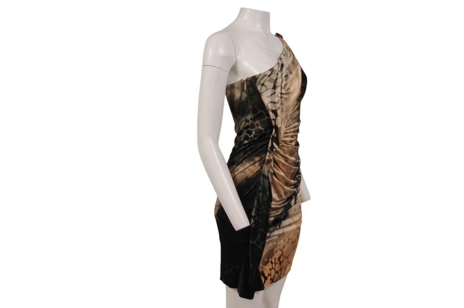 Roberto Cavalli Vintage 2000s Minikleid IT 42 Schulter Gepardenschlange Schwarz Tan im Angebot 4