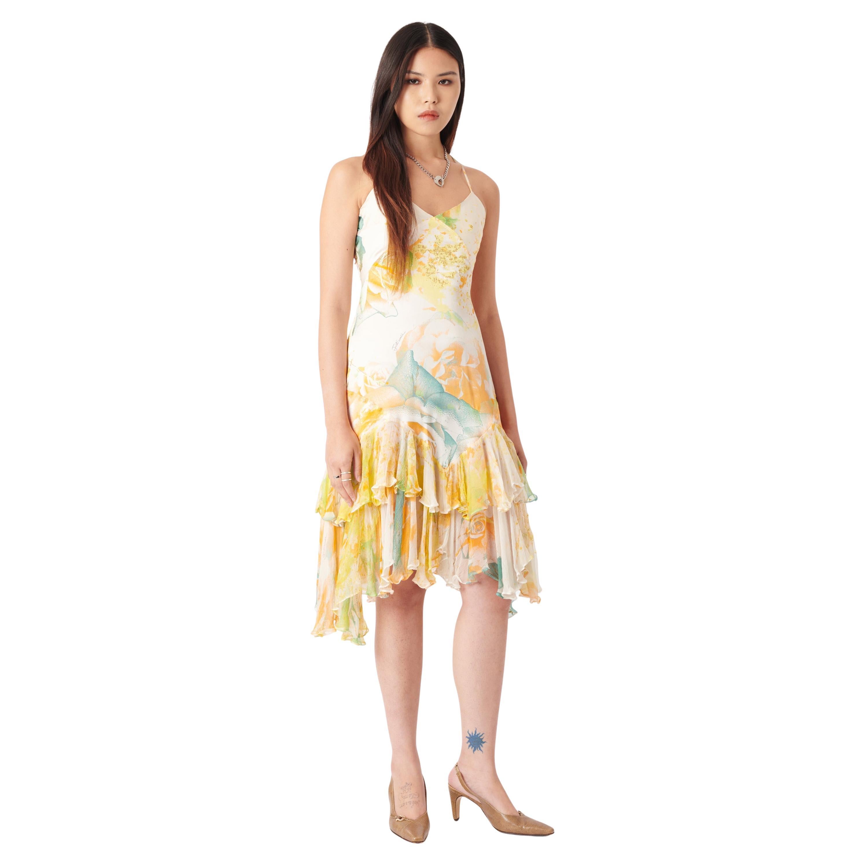 Roberto Cavalli Vintage 2004 Yellow Printed Racerback Silk Dress