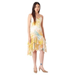 Roberto Cavalli Vintage 2004 Vestido de seda con espalda cruzada y estampado amarillo