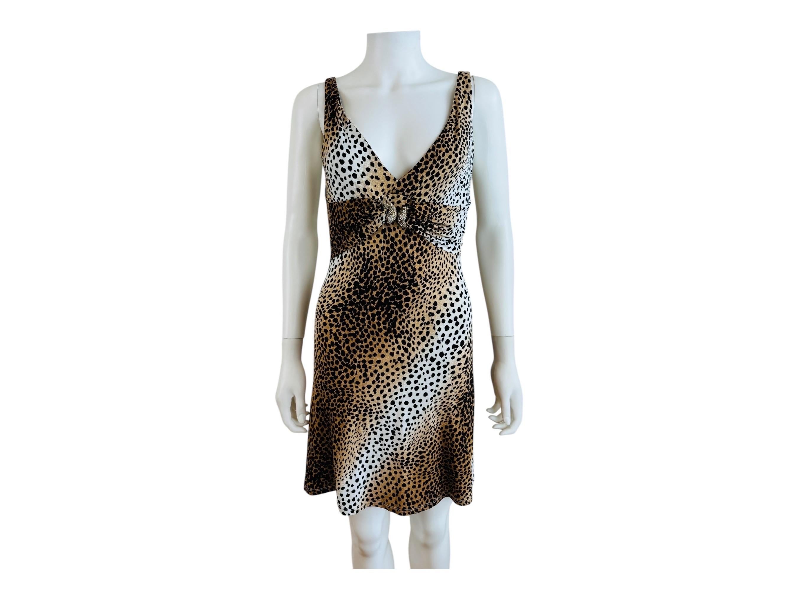 Roberto Cavalli Vintage 2005 Mini Vestido de Serpiente Dorada con Estampado de Animales de Guepardo Gris en venta