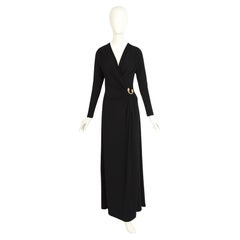 Roberto Cavalli Vintage 90s Attached Brooch Draped Jersey Black Evening Dress