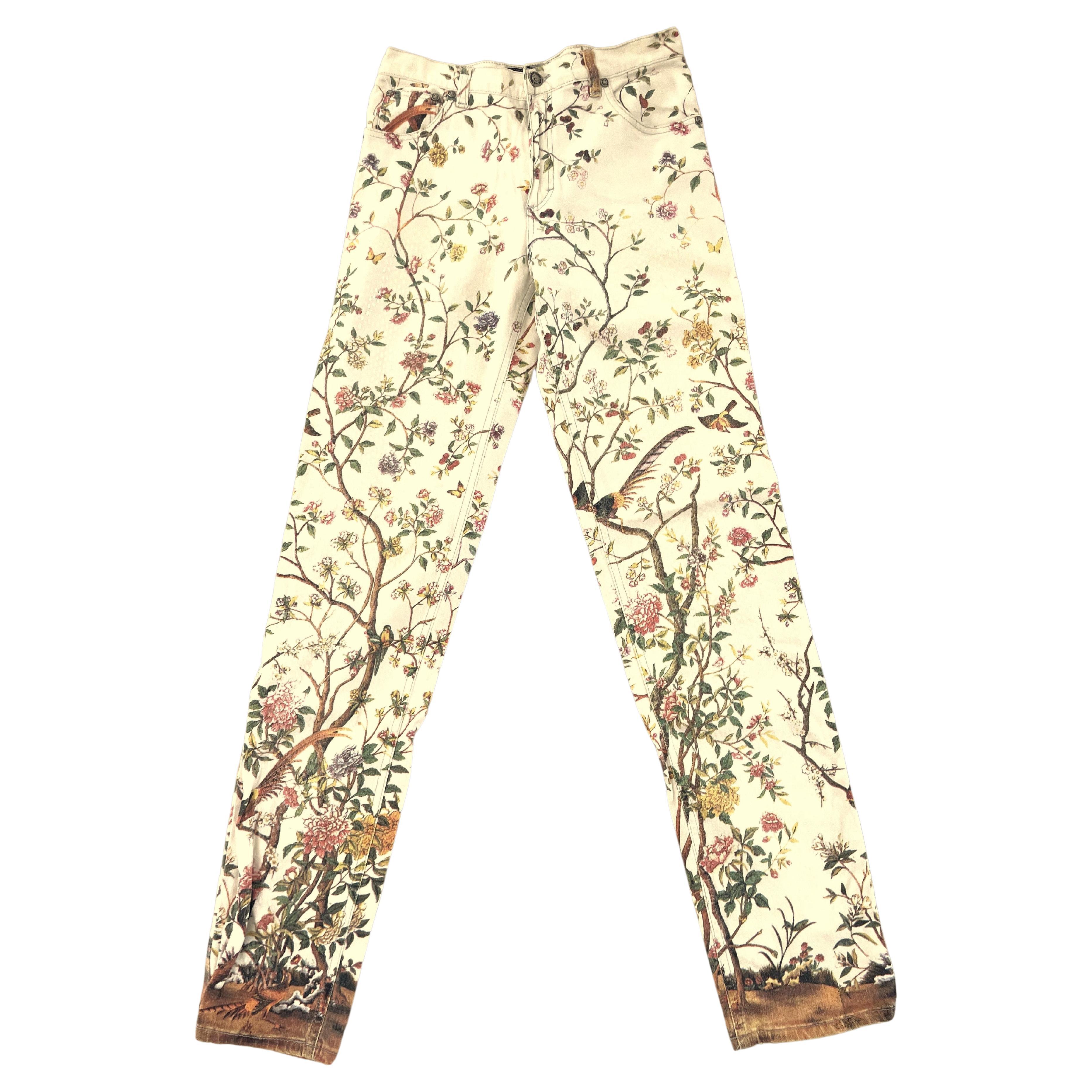 Roberto Cavalli Vintage 90s Runway Blossom Bird Jeans Trousers Woman’s
