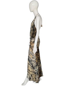 Roberto Cavalli Vintage anni '90 firmato Leopard Animal Print Silk Halter Dress
