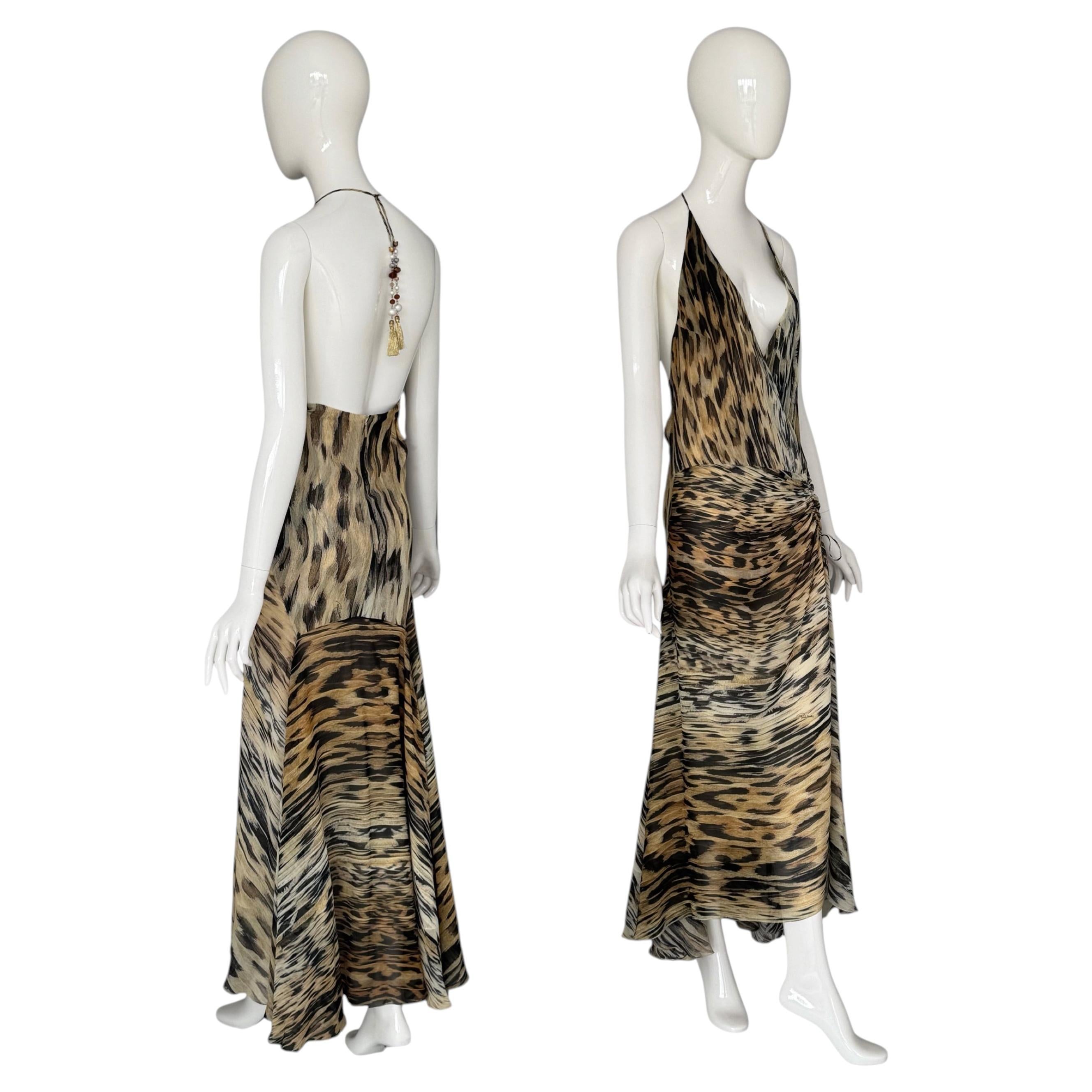 Roberto Cavalli Vintage 90s Signed Leopard Animal Print Silk Halter Dress
