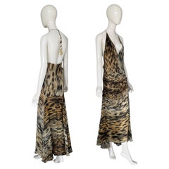 Roberto Cavalli Vintage anni '90 firmato Leopard Animal Print Silk Halter Dress